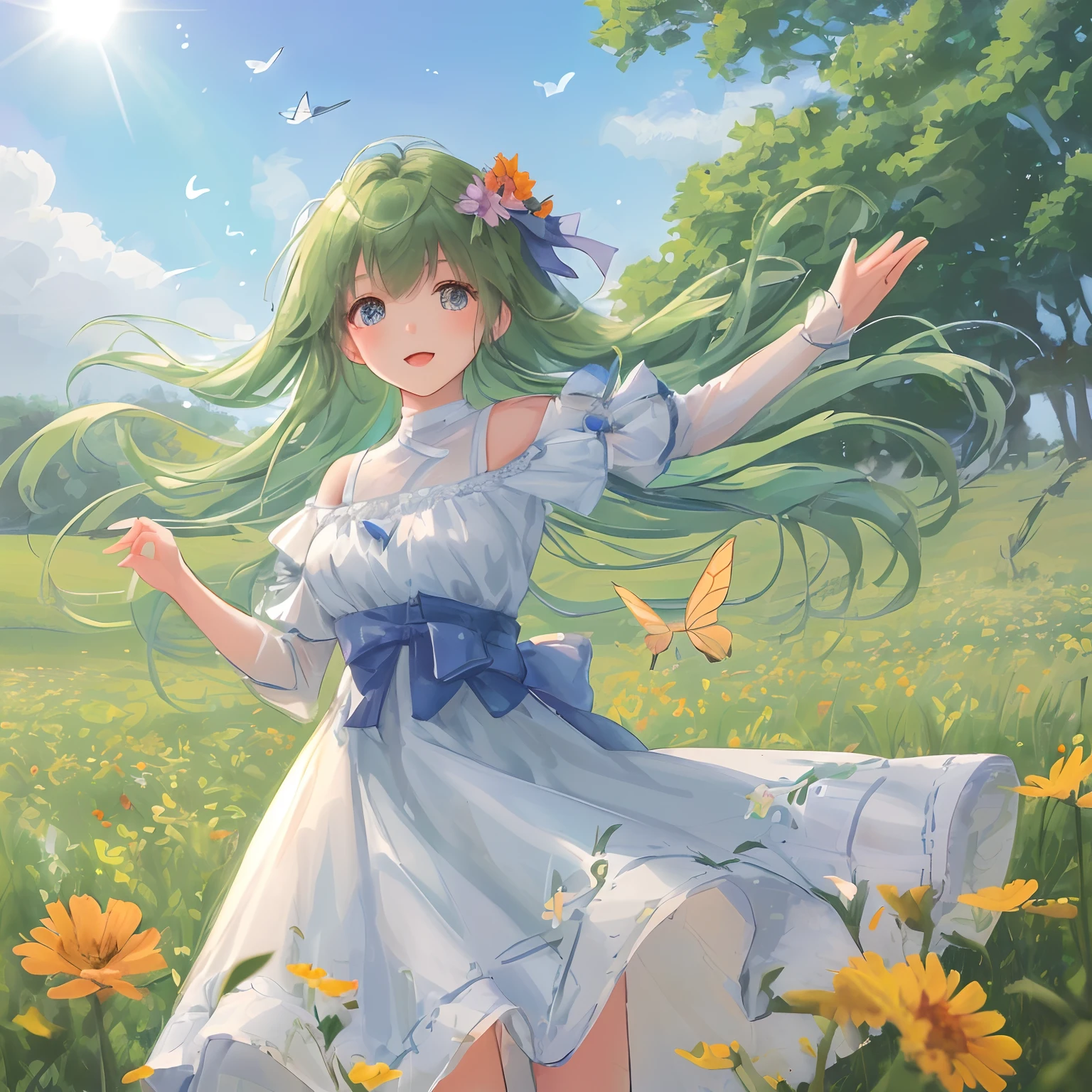 High Detail, Ultra Detail, Ultra High Resolution A cute and innocent girl is enjoying her time in an open field, surrounded by the beauty of nature, with the warm sun shining on her and wild flowers swaying gently in the breeze. Butterflies and birds flutter around her, adding to the playful atmosphere, --v6