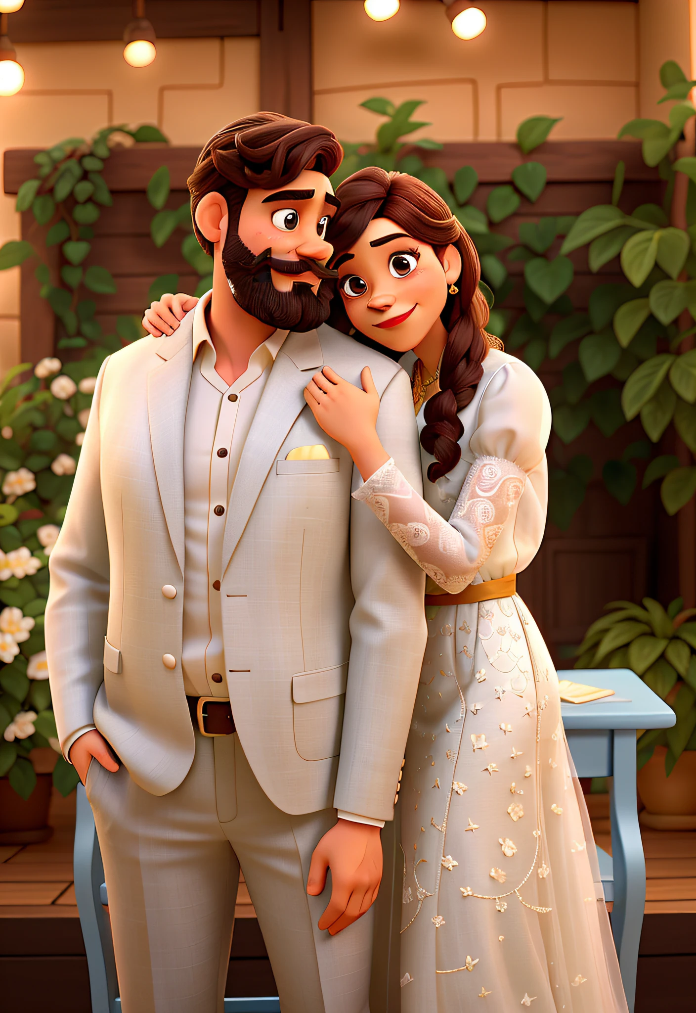 Homem de terno com barba e bigode e mulher de vestido de noiva, apaixonados, Disney pixar |