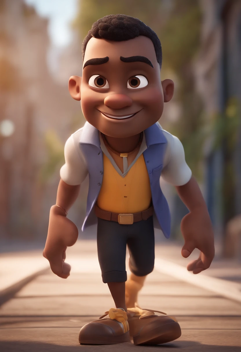personagem dos desenhos animados de um homem Negro, careca com barba preta, No black glasses and a blue shirt, com Simbolo de TLP e com simbolo do novembro roxo, animation character, Caractere estilizado, animation style rendering, 3D estilizado, Arnold Maya render, 3 d render stylized, toon render keyshot, Personagem 3D, Personagem 3D, 3d rendering stylized, 3 d character render, personagem de desenho animado, Personagem de close up, Pose de personagem,  (Estilo Pixar) (master part:1.2) (Bokeh) (best quality) (pele detalhada) (textura detalhada) (8k) (argila) (Cinematic lighting) (foco nítido