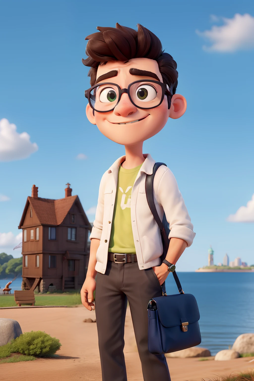 Crie uma imagem no estilo Pixar de um jovem de 15 anos um pouco alto. wears rounded glasses. The stem is red and the front of the glasses is black. Ele possui um cabelo castanho, curto e um pouco de topete. His eyes are light brown. And your cheeks are mean. You're wearing a white shirt. Uma jaqueta de tecido fino xadrez, com as cores preta e verde escuro. The setting is in New York (estatua), He's a world traveler, There are houses and the Statue of Liberty in the background and a plane passes by. blue skies. rosto oval. happy features. He has a shoulder bag that goes from his waist to his shoulder and the bag is on his chest. He is also holding a still camera