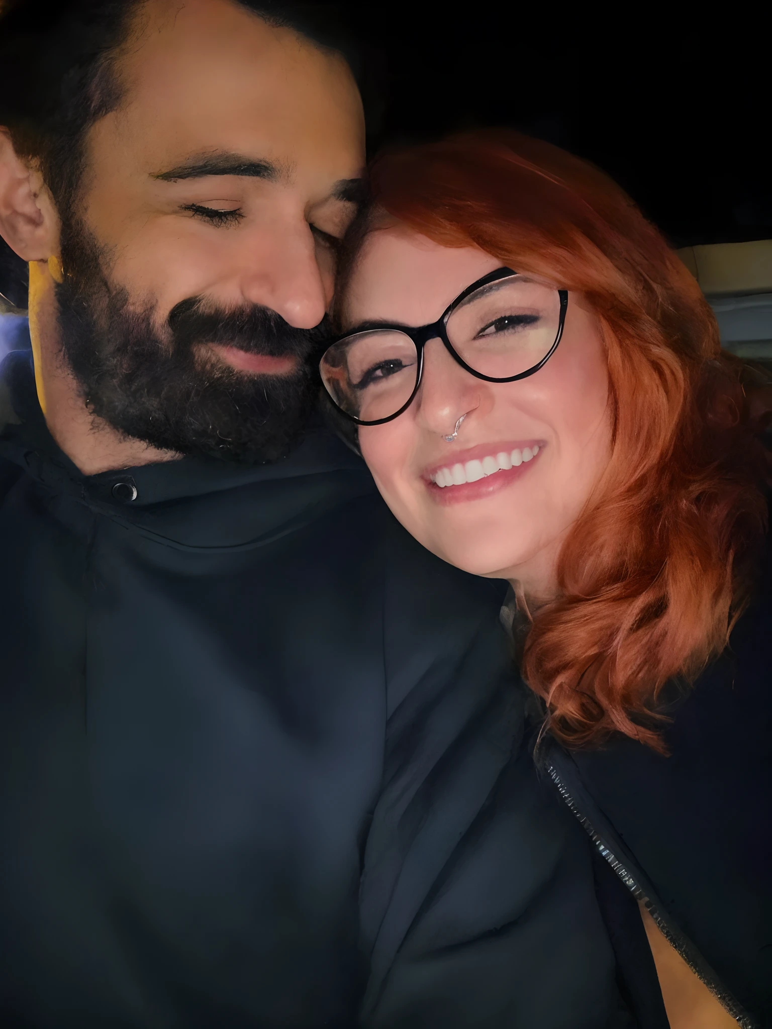 there is a man and woman that are smiling together, charli bowater and artgeem, justina blakeney, taken in the early 2020s, they are in love, profile image, leaked image, a portrait of rahul kohli, ginger bearded man with glasses, reddit post, by Nándor Katona, very very low quality picture