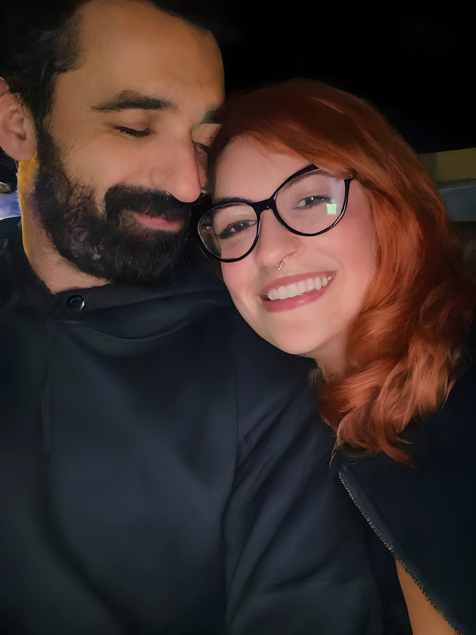 there is a man and woman that are smiling together, charli bowater and artgeem, justina blakeney, taken in the early 2020s, they are in love, profile image, leaked image, a portrait of rahul kohli, ginger bearded man with glasses, reddit post, by Nándor Katona, very very low quality picture