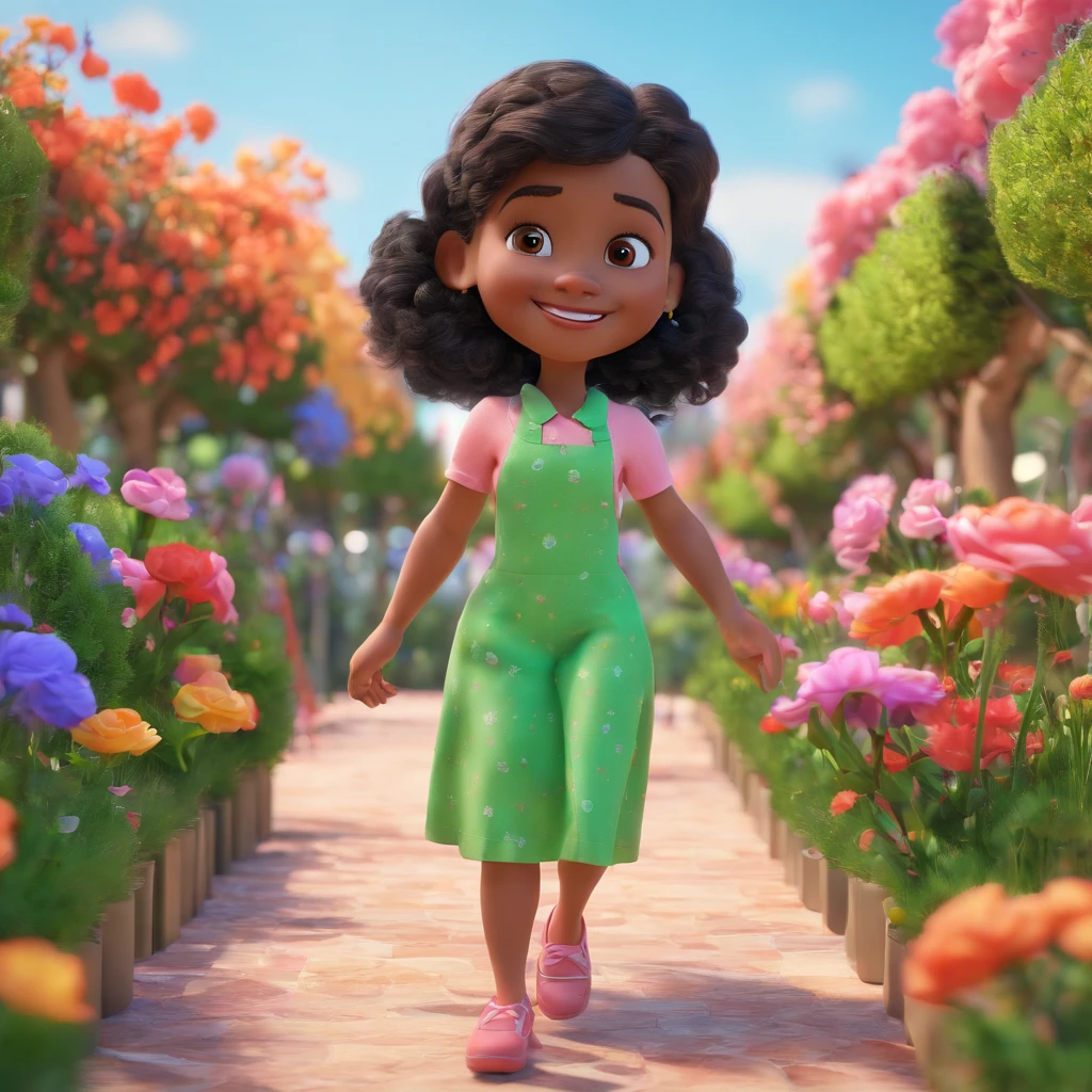 mulher negra, cabelos longos e cacheados, bochechas rosadas, sorriso bonito, olhos verdes vibrantes, vestido rosa, corpo inteiro, Detalhes ricos, diferente, a mulher tem 25 anos, , Girl is walking through the flower garden. Disney Pixar 3D desenho animado