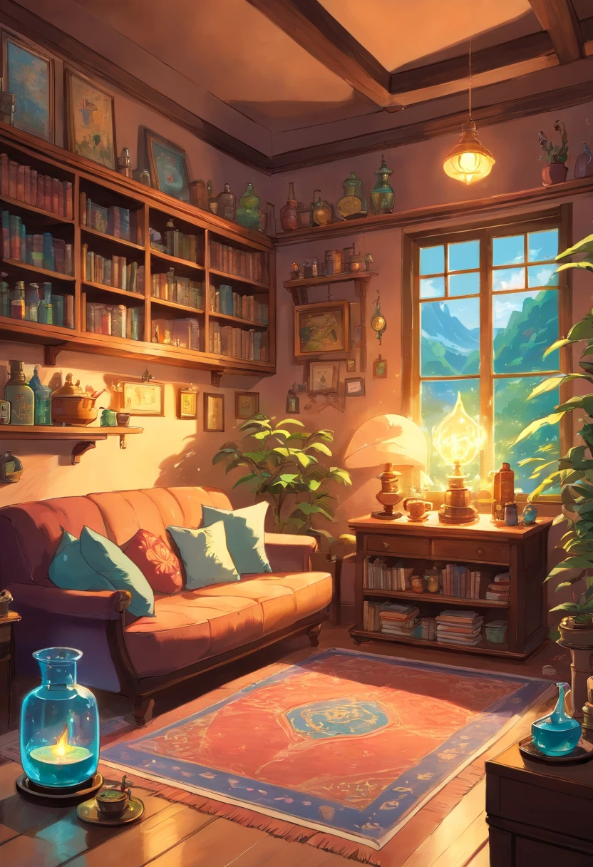 Living room with magic potions, Cristais, Ervas, incenso, livro um lugar aconchegante bem iluminado
