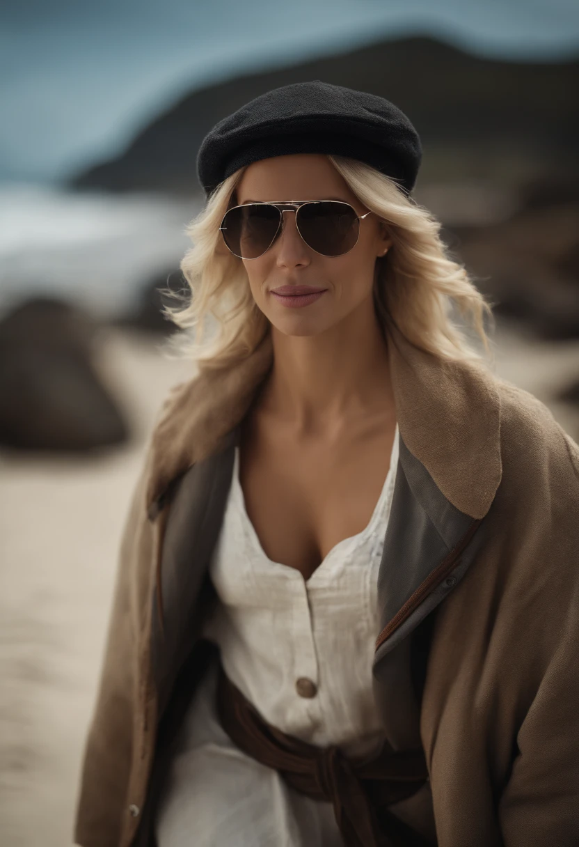 white woman, blonde hair, brown eyes, white man with smile, black hair shaved in the style of actor The Rock's hair, with black beard, surfer style sunglasses, child of a white boy, black hair, black eyes, in a hat and coat blue