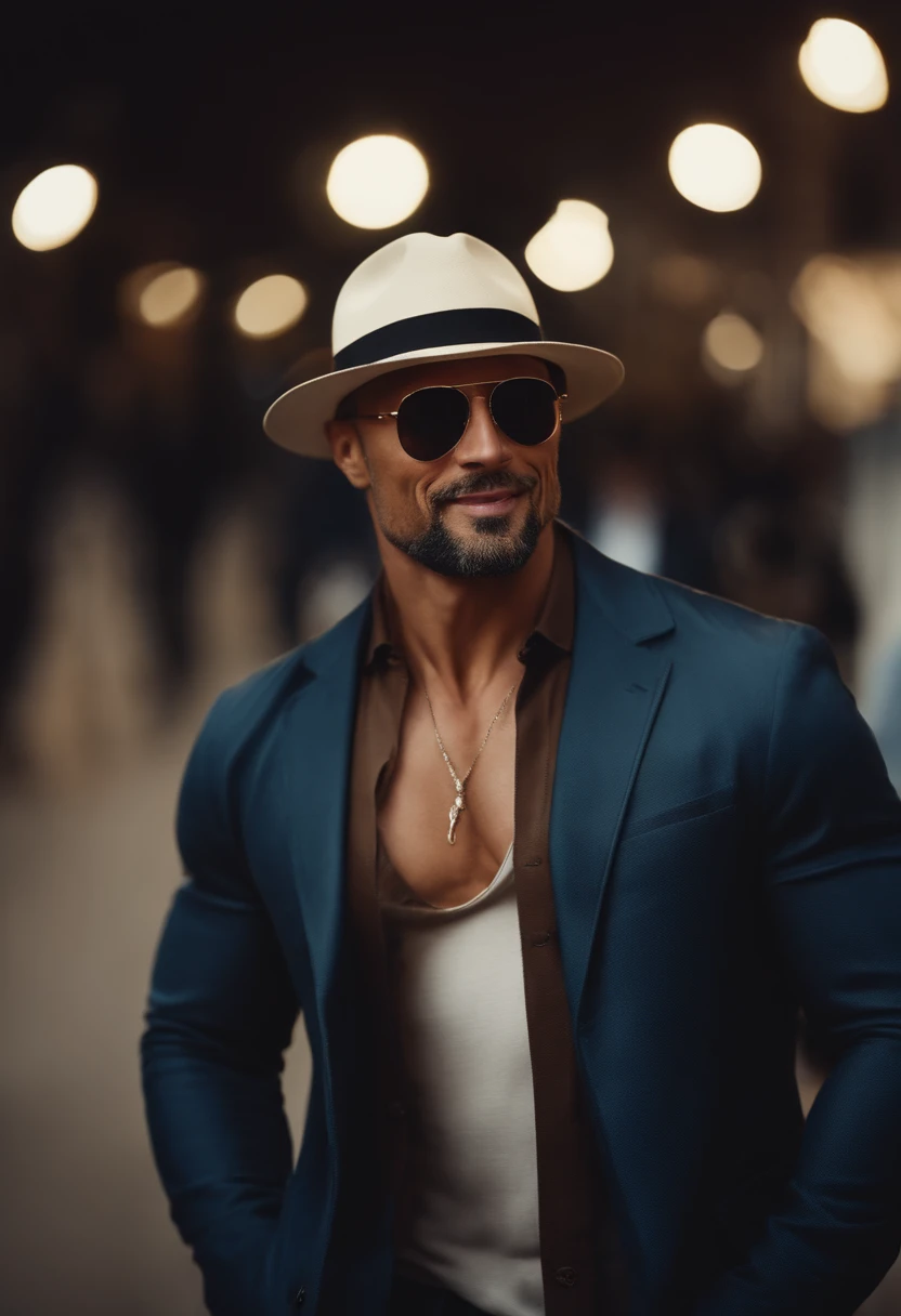 white woman, blonde hair, brown eyes, white man with smile, black hair shaved in the style of actor The Rock's hair, with black beard, surfer style sunglasses, child of a white boy, black hair, black eyes, in a hat and coat blue