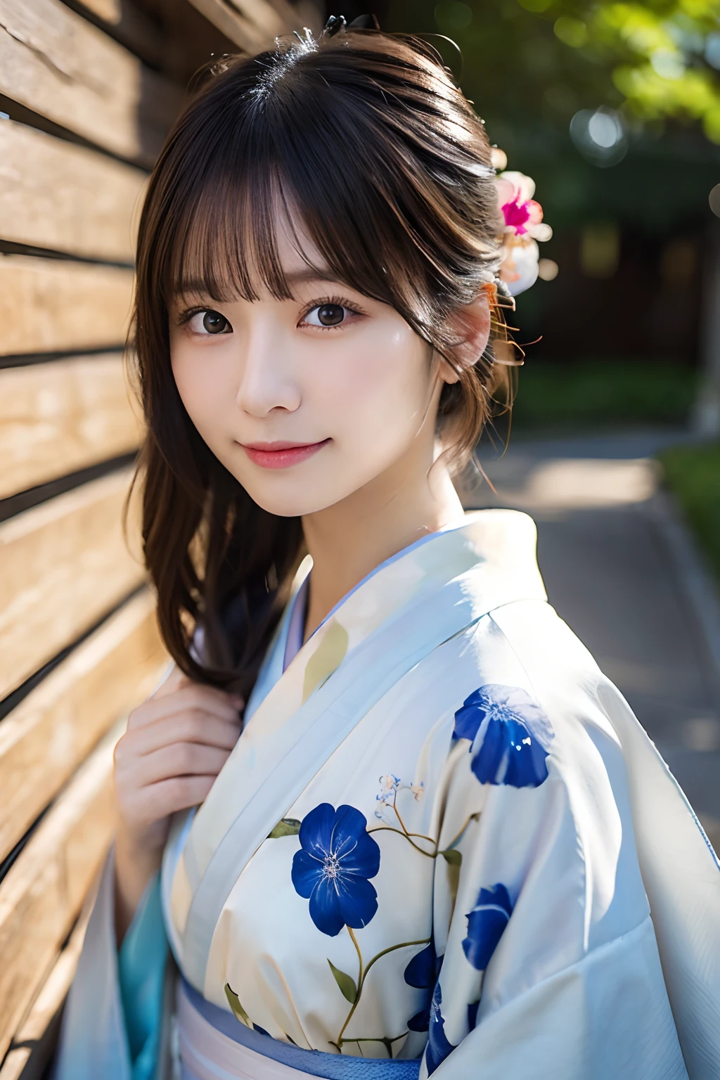 （(Kimono)）、randome pose、(top-quality,​masterpiece:1.3,超A high resolution,),(ultra-detailliert,Caustics),(Photorealsitic:1.4,RAW shooting,)Ultra-realistic capture,A highly detailed,High resolution 16K human skin close-up、 Skin texture is natural、、The skin looks healthy with an even tone、 Use natural light and color,***1人,japanes,24 year old,kawaii,A dark-haired,Middle hair,,smil,,(depth of fields、chromatic abberation、、Wide range of lighting、Natural Shading、)、