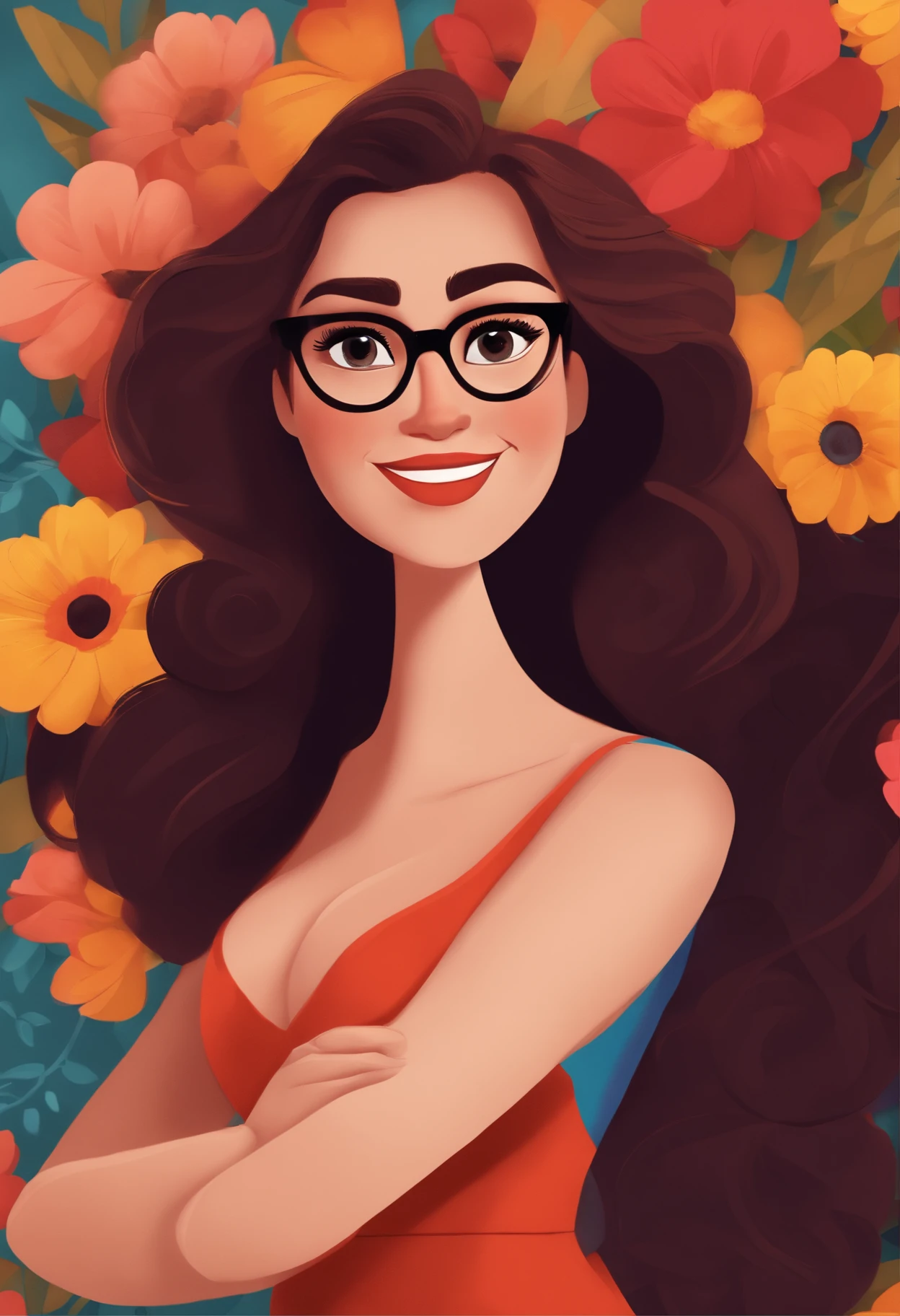 Create a Pixar-style poster titled 'The Tobias' She's a brunette, cabelos cacheados na altura dos ombros, sorridente, usando um vestido, And he's a chubby mulatto, wearing glasses and suit, smiling against a floral backdrop with vibrant Disney Pixar colors and textures featuring a couple. arte digital deve evocar o estilo da Pixar, Reminiscent of animated features. Focus on character expressions, cores vibrantes, e texturas altamente detalhadas
