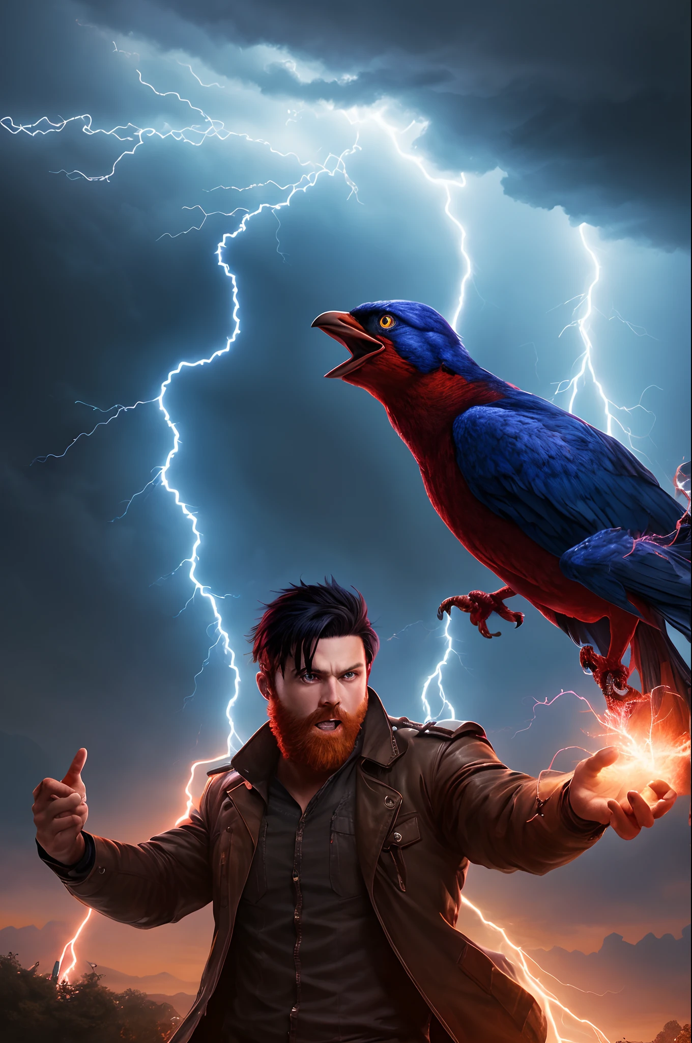 man with black hair and blue eyes, far away, lightning surrounding feeds big red lightning bird manwha art