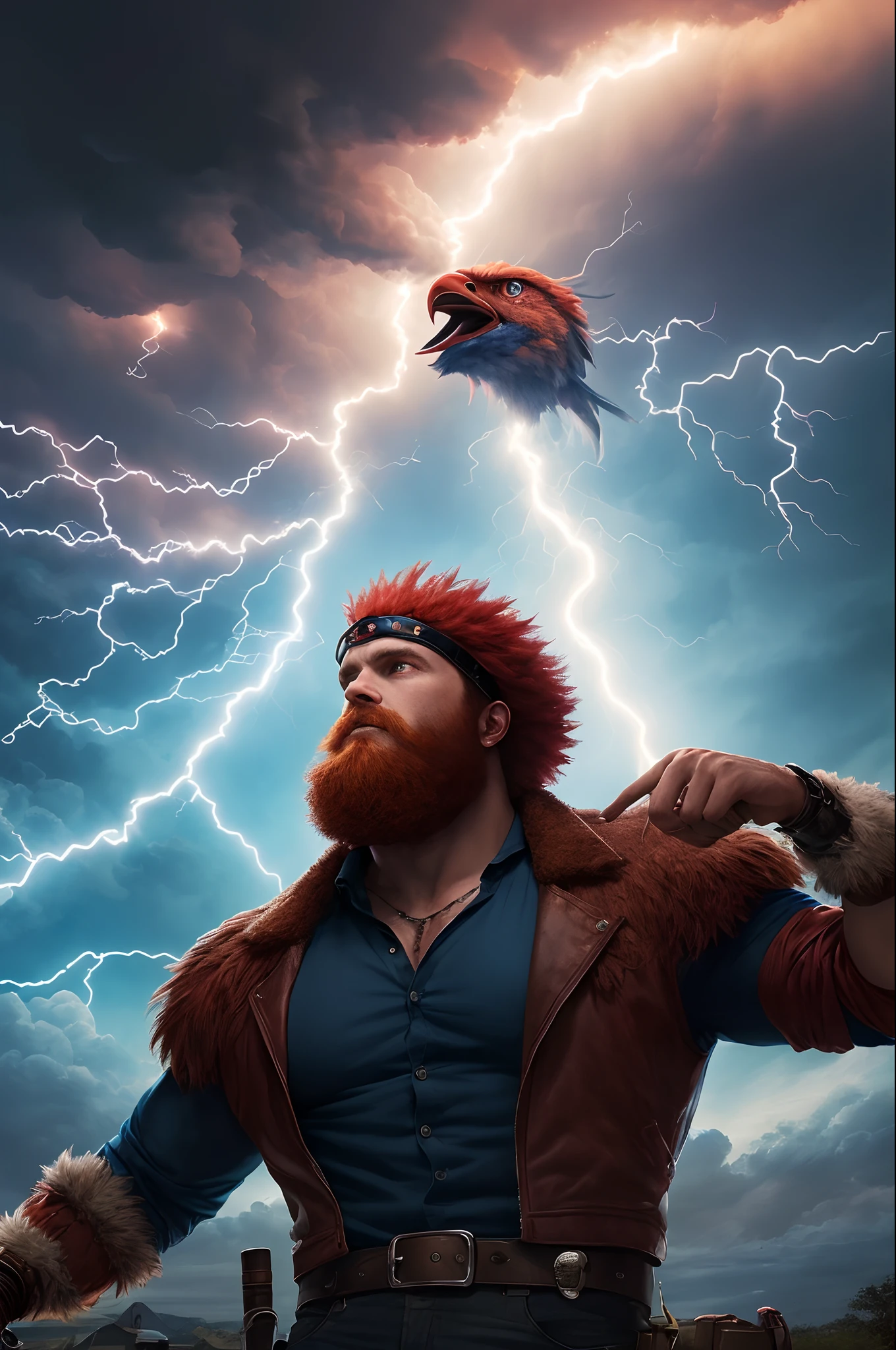 man with black hair and blue eyes, far away, lightning surrounding feeds big red lightning bird manwha art