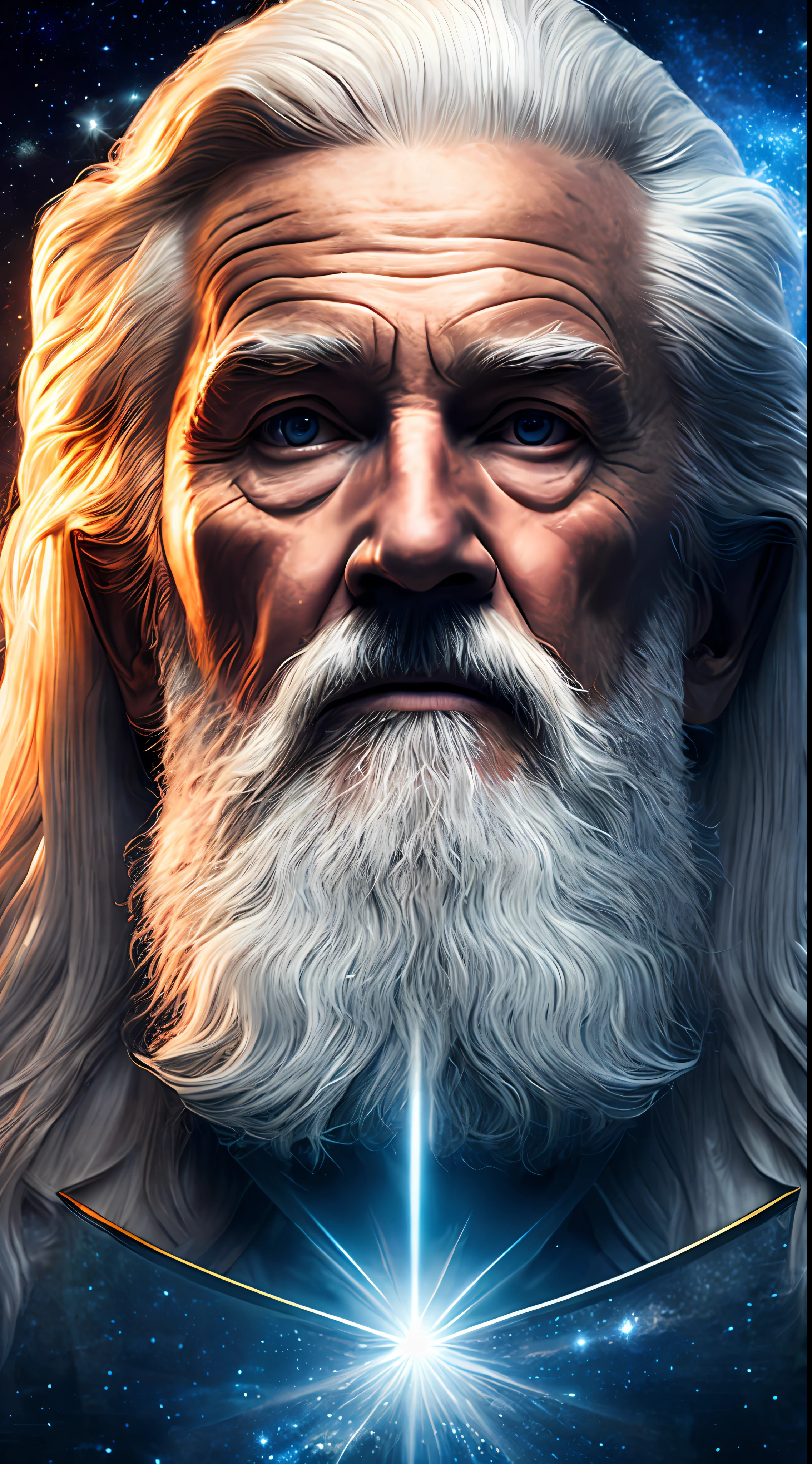 super high resolution, best quality, photo, 16k, (photorealistic: 1.2), cinematic lighting, face of an old man shaped like the mythical god Odin. Depict the god Odin, enveloped in a radiant aura. Show it against a cosmic backdrop, glittering and floating, surrounded by the splendors of the universe. Pay meticulous attention to stunning detail and reach 64K resolution for an immersive and lifelike visual experience. Let your work capture the essence of myth and wonder, leaving viewers in awe of its beauty and power.