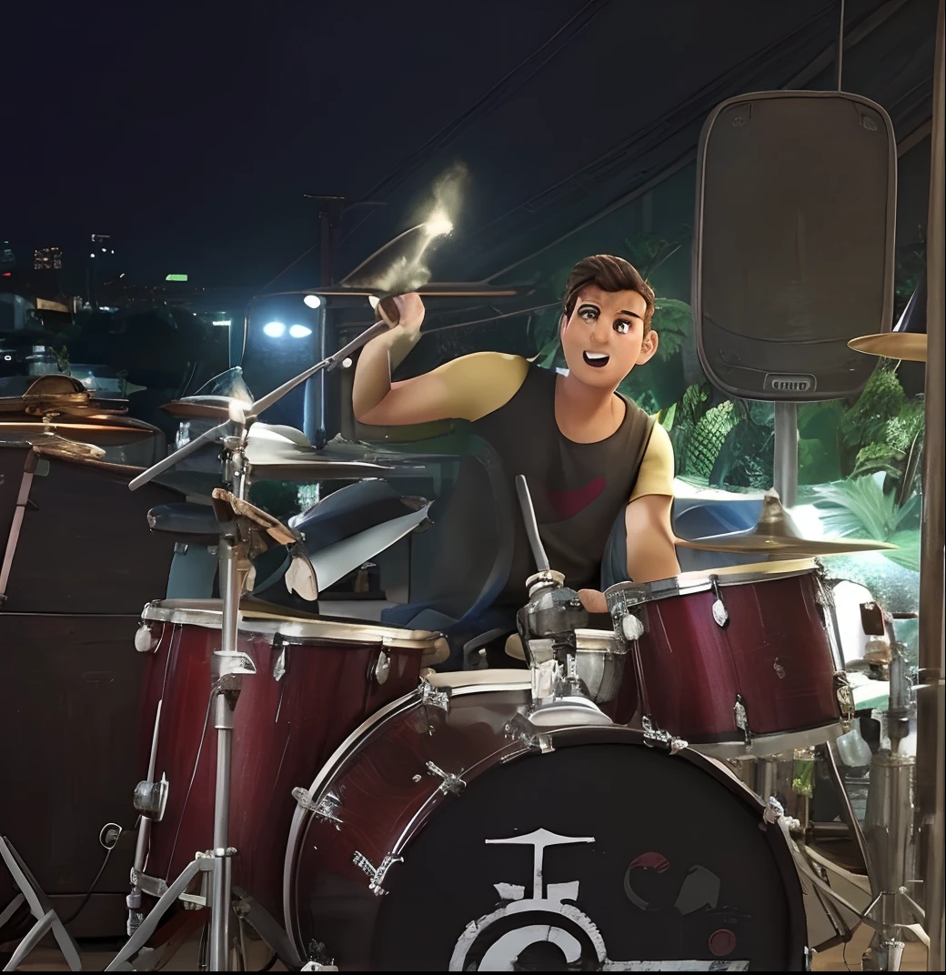 Homem tocando bateria no estilo Disney pixar melhor qualidade