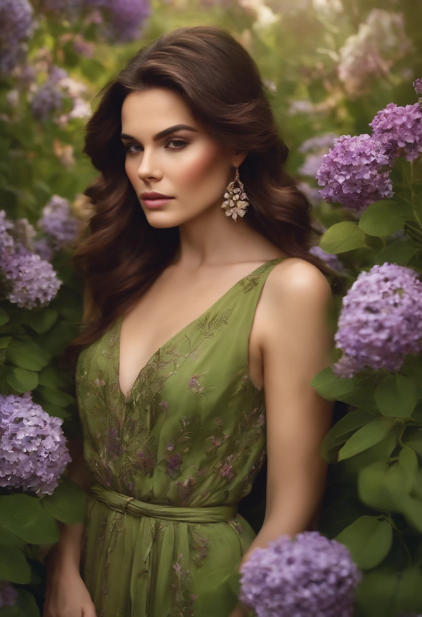 Image of a brunette girl long hair lilac dress a woman green floral dress short brown hair in a background of flowers