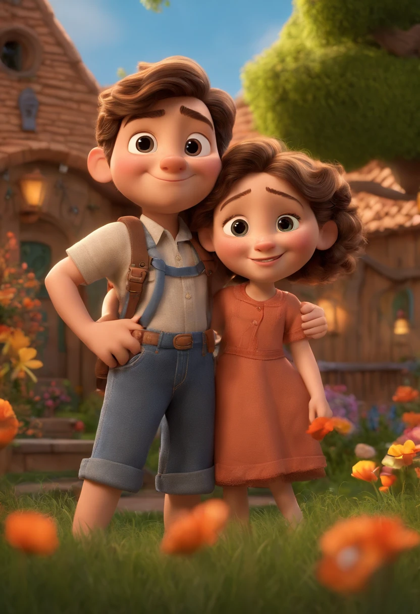 Create a Disney PIXAR-style 3D poster. ((centro da imagem)), ((2 adolecentes)) ((1 adolescente no meio e 1 adolescente ao lado, They're hugging each other, 1 adolescente tem pele castanha e cabelos castanhos escuros e olhos castanhos escuros, o outro adolescente tem pele clara, olhos e cabelos claros e cacheados)) ((tudo isso no estilo Disney PIXAR 3D, In the background, uma casa de festa, FESTHAUS, The garden is full of nature 3D render RTX clay material, estilo de design cartunesco, POP Mart, soft lighting, linhas suaves, Spring tilt, Detailed illustrations of PIXAR 3D, Detalhes hiper-realistas, cor quente no estilo Disney PIXAR 3D))