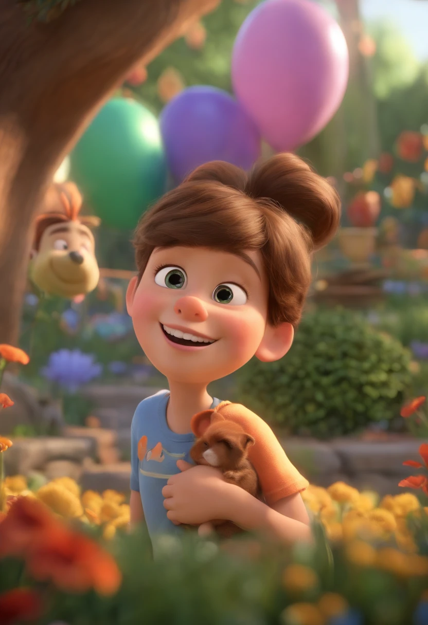 Create a Disney PIXAR-style 3D poster. ((centro da imagem)), ((2 adolecentes)) ((1 adolescente no meio e 1 adolescente ao lado, They're hugging each other, 1 adolescente tem pele castanha e cabelos castanhos escuros e olhos castanhos escuros, o outro adolescente tem pele clara, olhos e cabelos claros e cacheados)) ((tudo isso no estilo Disney PIXAR 3D, In the background, uma casa de festa, FESTHAUS, The garden is full of nature 3D render RTX clay material, estilo de design cartunesco, POP Mart, soft lighting, linhas suaves, Spring tilt, Detailed illustrations of PIXAR 3D, Detalhes hiper-realistas, cor quente no estilo Disney PIXAR 3D))