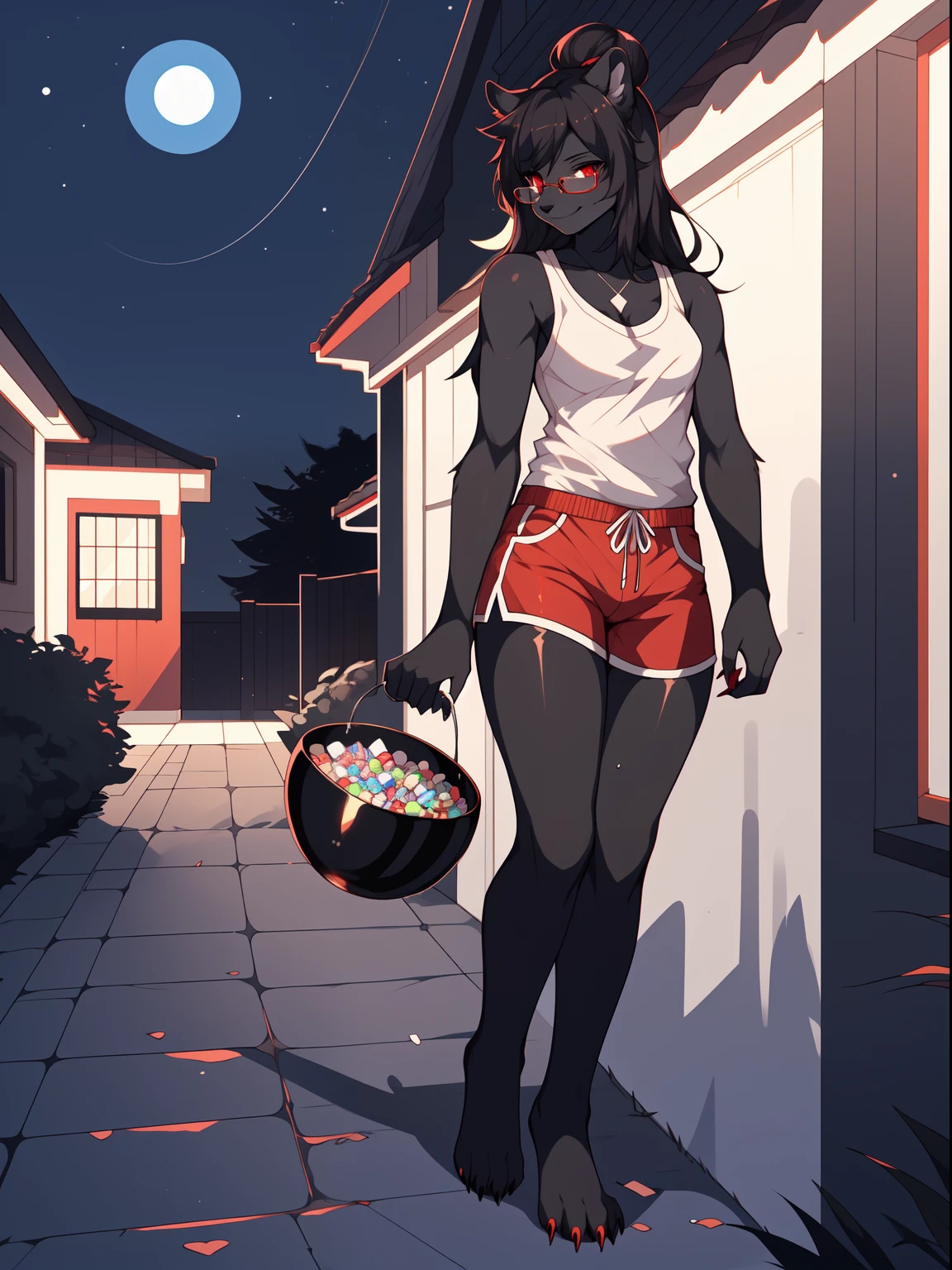 Masterpiece, best quality, Masterpiece, best quality, 1 woman , black skin , cooking , long black hair , sly face , smile , black bikini , abdomen, big breasts , Long legs , Barefoot , hands on hips , alley , at night
