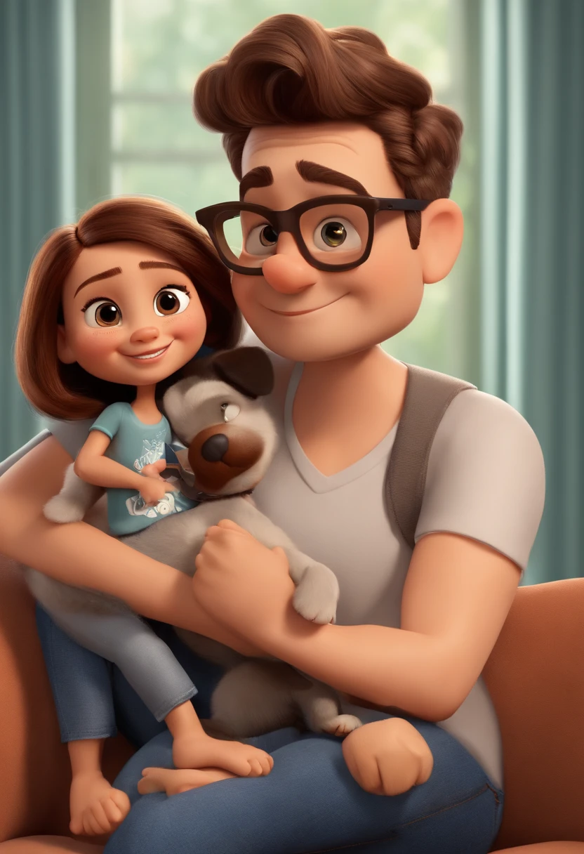 Pixar. Casal com um filhote de cachorro beagle marrom. A menina tem os cabelos pretos amarrados, Camiseta cinza e jeans claro, white glasses. O menino de cabelos pretos com cabelos grisalhos, barba pequena, oculos, Dark blue jeans and gray t-shirt. They are both smiling and are 40 years old, they are both chubby