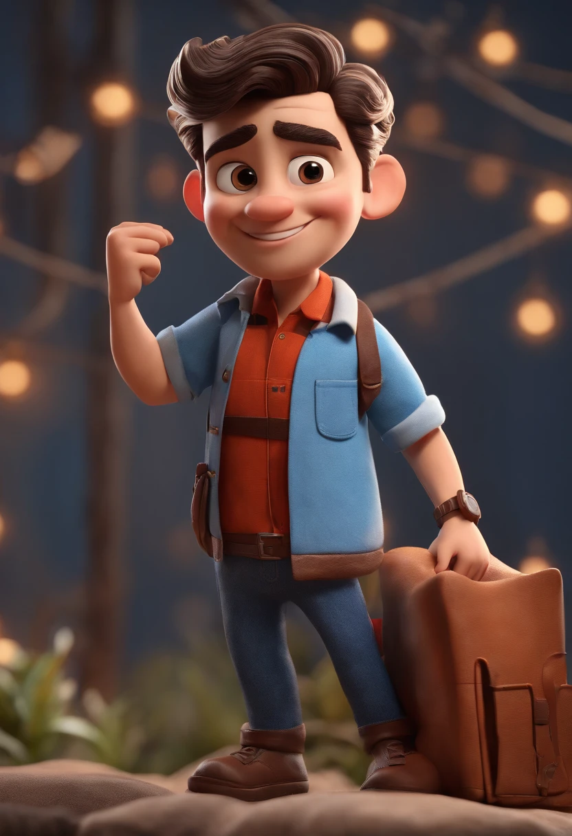 personagem dos desenhos animados de um homem com roupa de bombeiro pretos e uma camisa azul, animation character, Caractere estilizado, animation style rendering, 3D estilizado, render, 3 d render stylized, toon render keyshot, Personagem 3D, Personagem 3D, 3d rendering stylized, 3 d character render, personagem de desenho animado, Personagem de close up, Pose de personagem, (Estilo Pixar) (master part:1.2) (Bokeh) (best quality) (pele detalhada) (textura detalhada) (8k) (argila) (Cinematic lighting) (Sharp focus on Vagner written background
