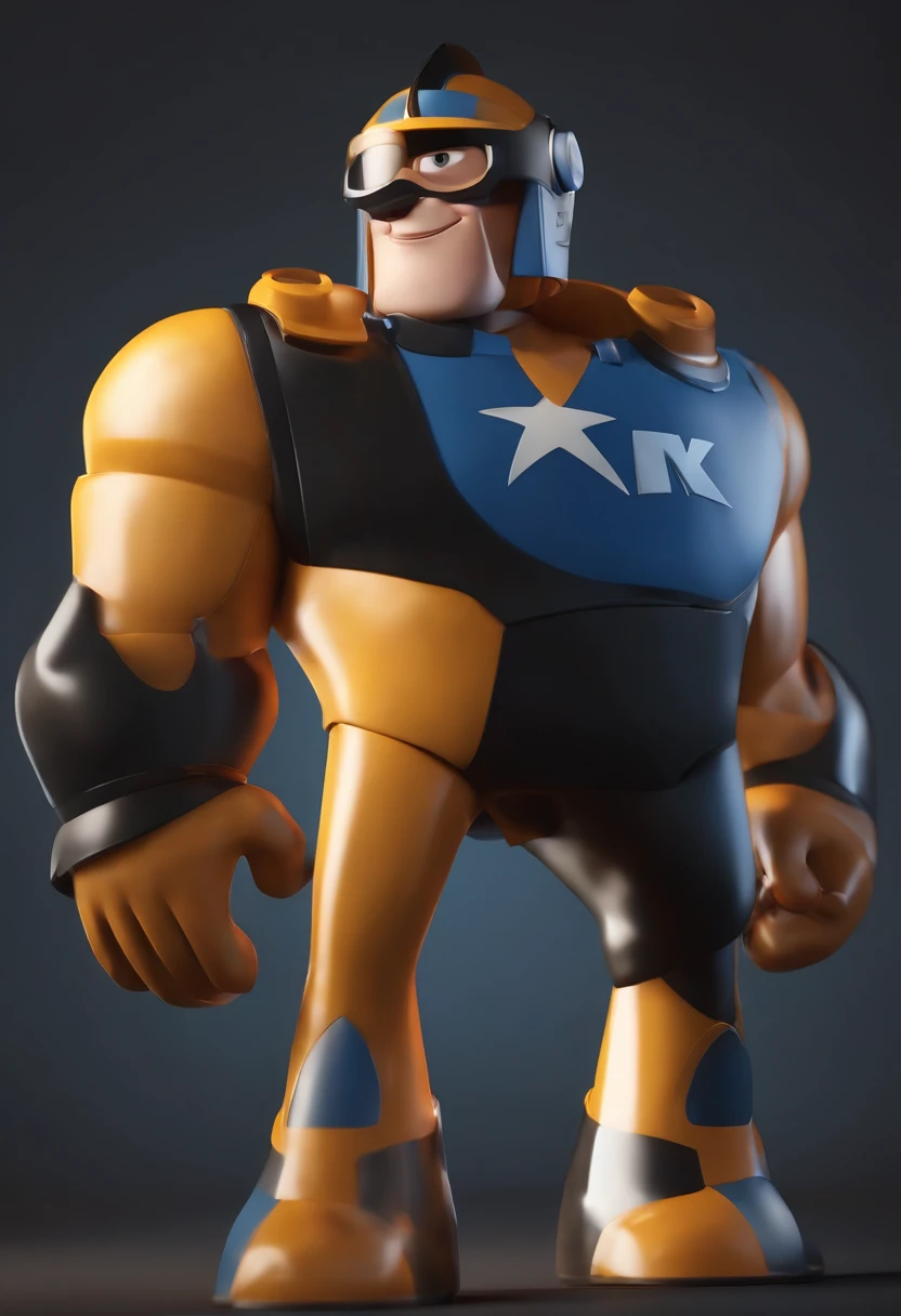 personagem dos desenhos animados de um homem com roupa de bombeiro pretos e uma camisa azul, animation character, Caractere estilizado, animation style rendering, 3D estilizado, render, 3 d render stylized, toon render keyshot, Personagem 3D, Personagem 3D, 3d rendering stylized, 3 d character render, personagem de desenho animado, Personagem de close up, Pose de personagem,  (Estilo Pixar) (master part:1.2) (Bokeh) (best quality) (pele detalhada) (textura detalhada) (8k) (argila) (Cinematic lighting) (Sharp focus on Vagner written background