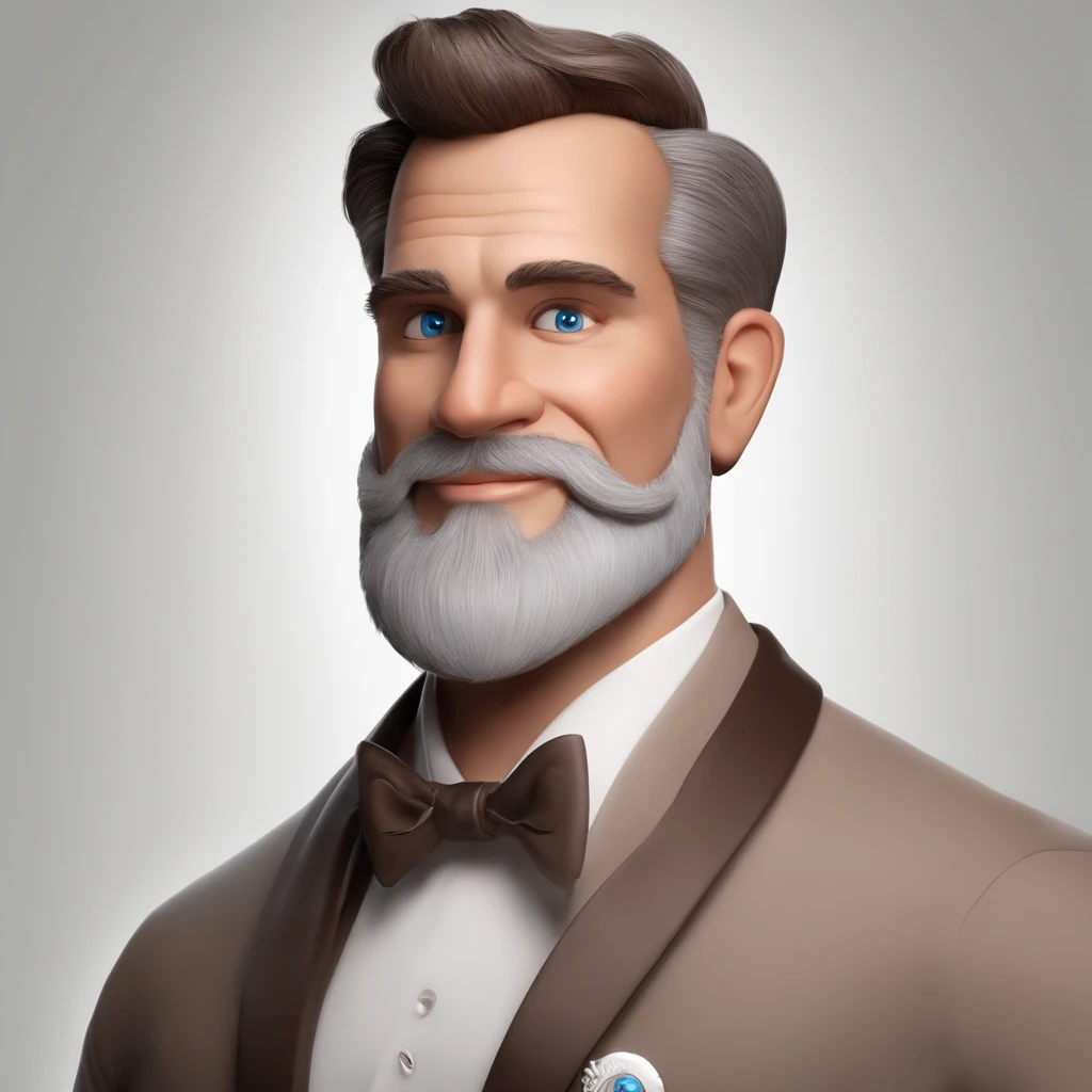 Criar um personagem no estilo Pixar. Trata-se de um homem de 30 anos, com barba, Branco, com cabelos castanhos curtos e um quiff, e olhos castanhos. Ele deve estar na frente de um computador, Trabalhar como designer