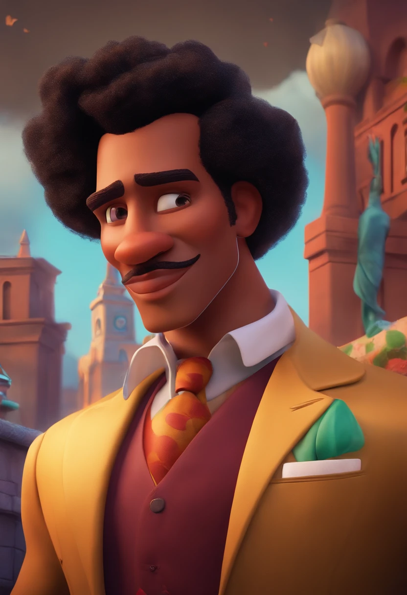 A city councilman looking at a dream project inspired by Pixar animation, de perto. The character takes center stage with captivating facial expressions, oferecendo um toque de irrealidade