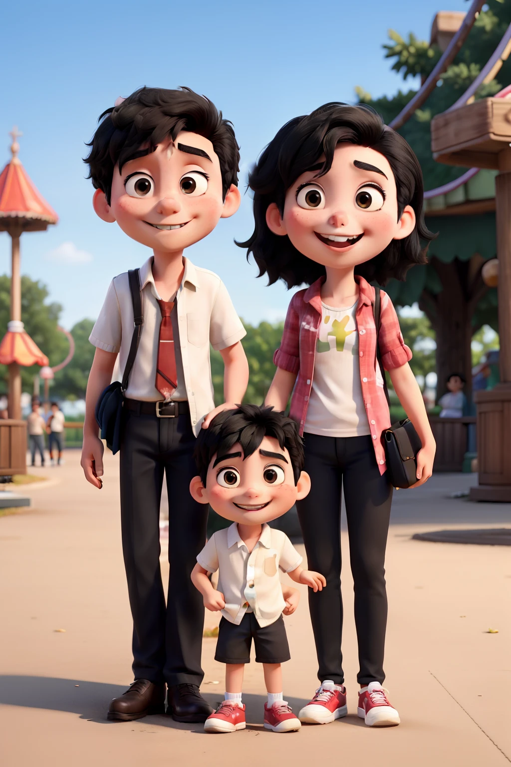 Create a happy family that has a girl and a boy hurts them with black hair that are in an amusement park