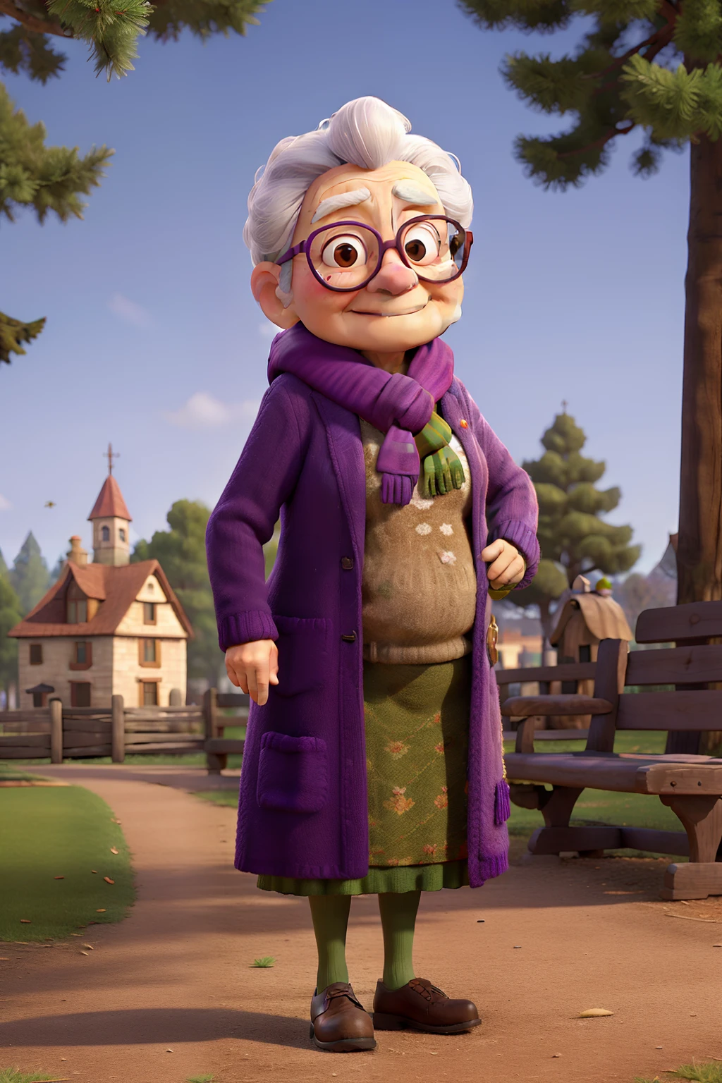 masterpiece, best quality, an old woman with glasses and a scarf on, wearing a purple coat and green scarf, standing at the park