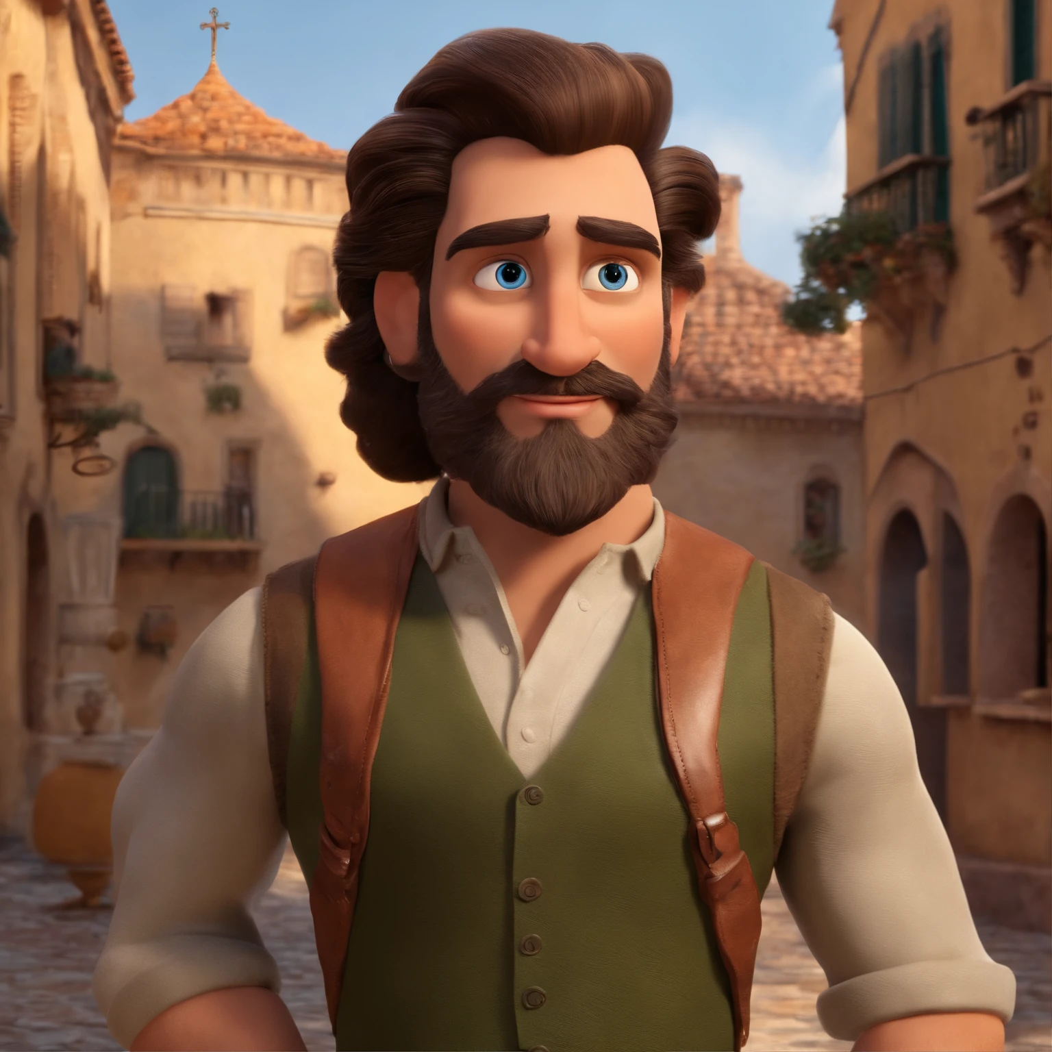 Criar um personagem no estilo Pixar. Trata-se de um homem de 30 anos, com barba, Branco, com cabelos castanhos curtos e um quiff, e olhos castanhos. Ele deve estar na frente de um computador, Trabalhar como designer