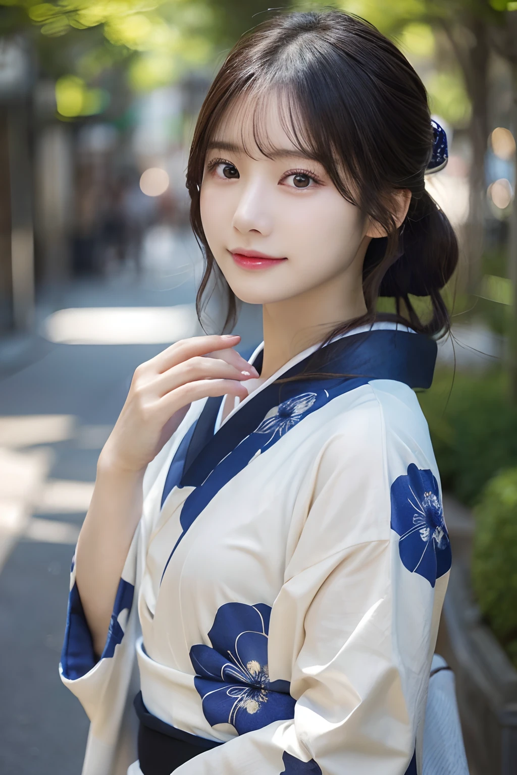 ((Kimono))、randome pose、(top-quality,masterpiece:1.3,超A high resolution,),(ultra-detailliert,Caustics),(Photorealsitic:1.4,RAW shooting,)Ultra-realistic capture,A highly detailed,High resolution 16K human skin closeup、 Skin texture is natural、、The skin looks healthy with an even tone、 Use natural light and color,女の子1人,japanes,24 year old,kawaii,A dark-haired,Middle hair,,smil,,(depth of fields、chromatic abberation、、Wide range of lighting、Natural Shading、)、