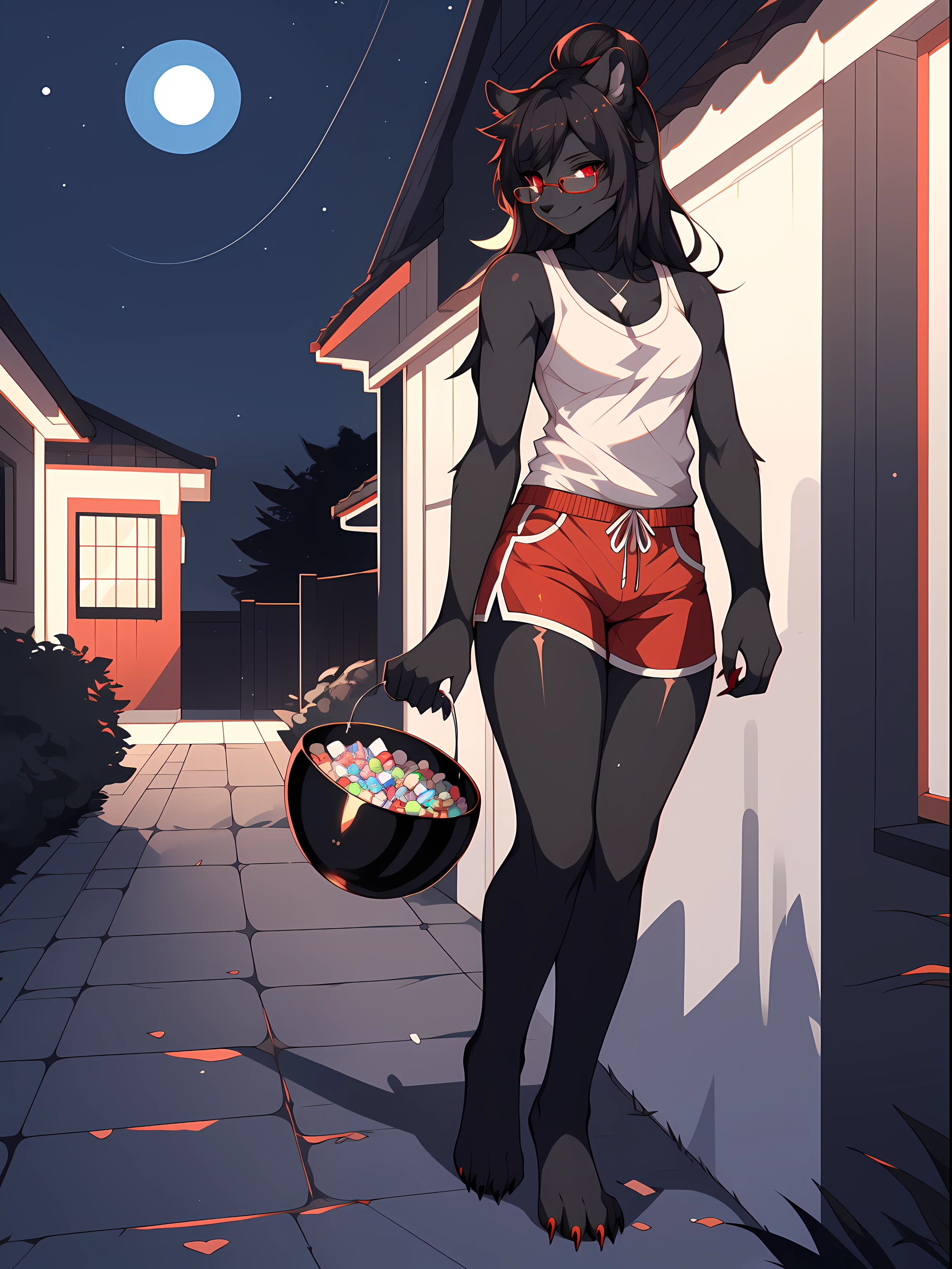 Natasha, hair in a bun, red eyes, white tank top, red shorts, barefoot, 4 toes, red toe claws, clear elegant glasses, dark grey furry body, standing outside of a house, holding a big bowl of candy with both hands, posing sensually, smiling softly, by hyattlen, by fumiko, by claweddrip, nighttime