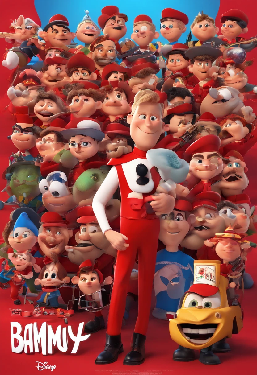 Create a Disney Pixar-inspired poster featuring the characters in a marching band in red outfits and black pants playing various instruments with the name of the band Bamuv