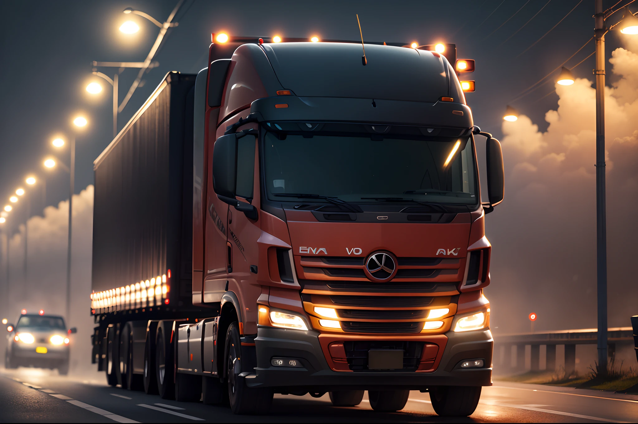 a truck on the road at night in heavy fog in reality 4k~~16:9v