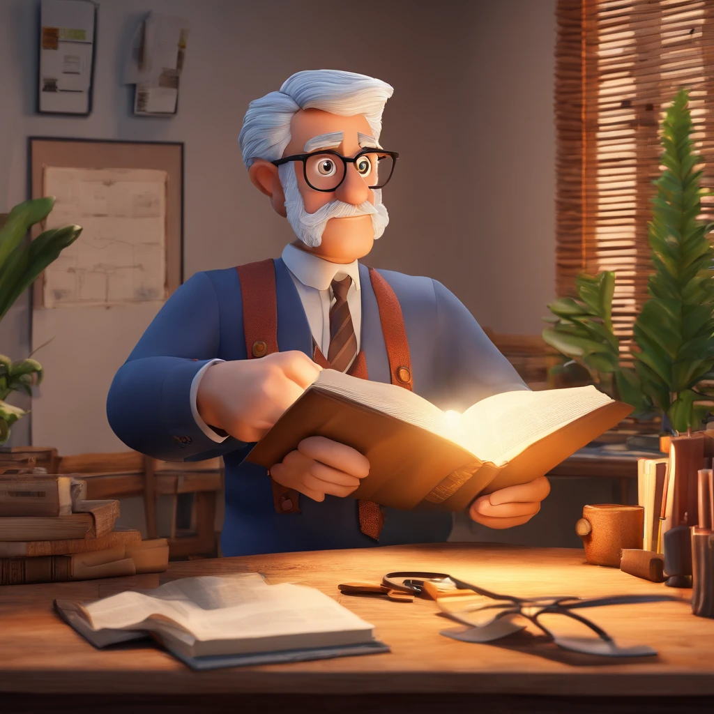 Crie um cartaz inspirado na Disney Pixar com o personagem sendo o pastor Rubens Janier, A gray-haired man wearing glasses, in an office with a Bible on the table