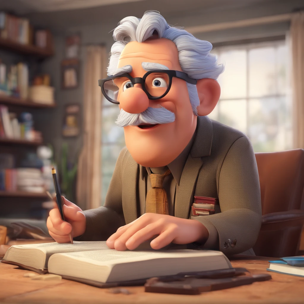 Crie um cartaz inspirado na Disney Pixar com o personagem sendo o pastor Rubens Janier, A gray-haired man wearing glasses, in an office with a Bible on the table
