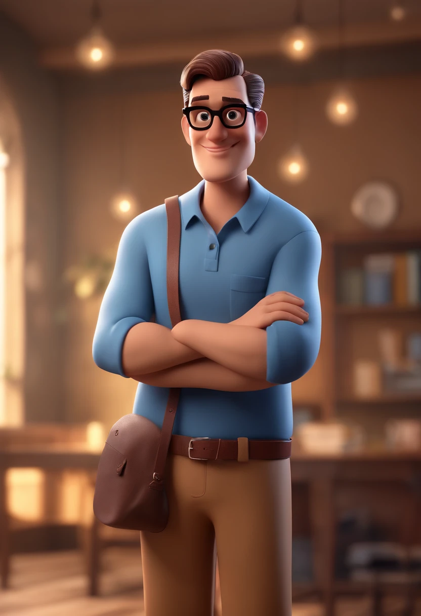 Cartoon character of a man with black glasses and a blue shirt, animation character, Caractere estilizado, animation style rendering, 3D estilizado, Arnold Maya render, 3 d render stylized, toon render keyshot, Personagem 3D, Personagem 3D, 3d rendering stylized, 3 d character render, personagem de desenho animado, Personagem de close up, Pose de personagem, (Estilo Pixar) (master part:1.2) (Bokeh) (best quality) (pele detalhada) (textura detalhada) (8k) (argila) (Cinematic lighting) (foco nítido