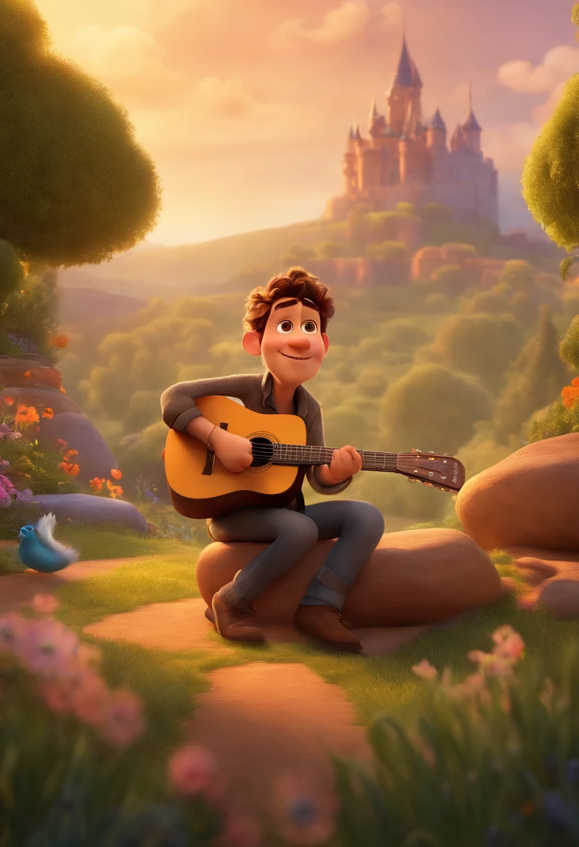 Make a Pixar-style character. He is a 29-year-old man, with a slightly toned body, light brown, with short brown hair in a gradient Mohawk style, brown eyes, and a full but thin beard. face a little more square, small ears, medium/thick eyebrows. He must wear a black shirt and be playing the guitar.” or: “Create a Pixar-style poster with him in the center playing the guitar and in the background a vivid film landscape: life is a Disney party