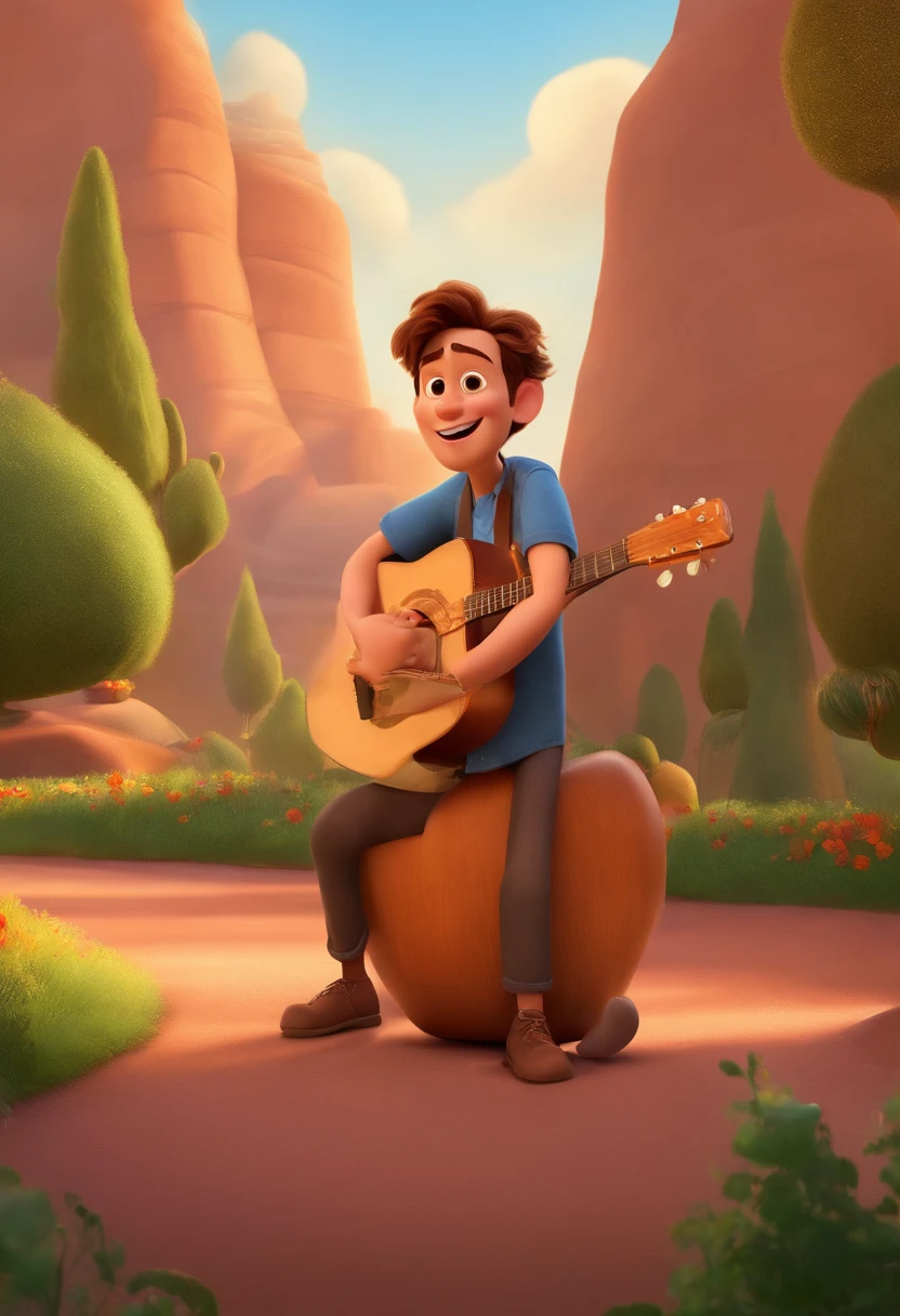Make a Pixar-style character. He is a 29-year-old man, with a slightly toned body, light brown, with short brown hair in a gradient Mohawk style, brown eyes, and a full but thin beard. face a little more square, small ears, medium/thick eyebrows. He must wear a black shirt and be playing the guitar.” or: “Create a Pixar-style poster with him in the center playing the guitar and in the background a vivid film landscape: life is a Disney party
