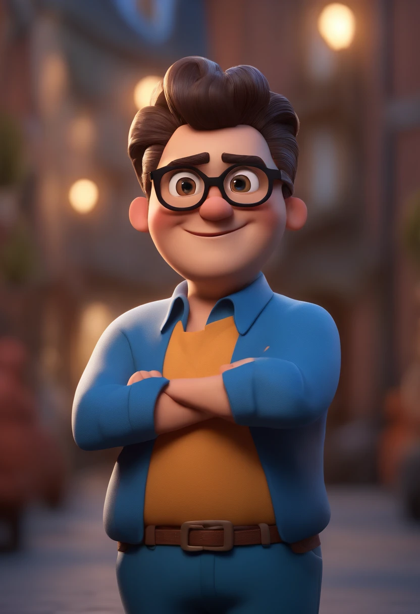 Cartoon character of a man with black glasses and a blue shirt, animation character, Caractere estilizado, animation style rendering, 3D estilizado, Arnold Maya render, 3 d render stylized, toon render keyshot, Personagem 3D, Personagem 3D, 3d rendering stylized, 3 d character render, personagem de desenho animado, Personagem de close up, Pose de personagem,  (Estilo Pixar) (master part:1.2) (Bokeh) (best quality) (pele detalhada) (textura detalhada) (8k) (argila) (Cinematic lighting) (foco nítido