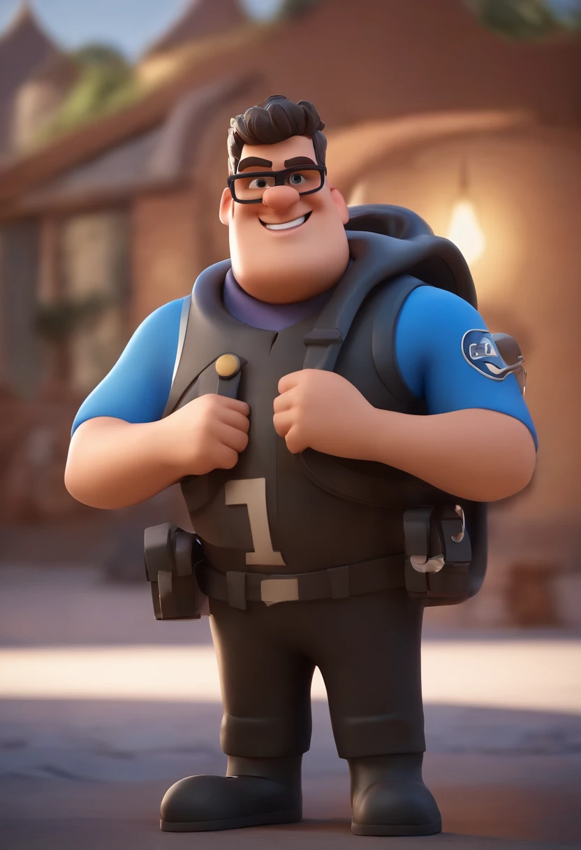 personagem dos desenhos animados de um homem com roupa de bombeiro pretos e uma camisa azul, animation character, Caractere estilizado, Animation Style Rendering, 3D estilizado, prestar, 3 d prestaização estilizada, keyshot de prestarização show, Personagem 3D, Personagem 3D, 3d rendering stylized, 3 d character render, personagem de desenho animado, Personagem de close up, Pose de personagem,  (Estilo Pixar) (master part:1.2) (Bokeh) (best quality) (pele detalhada) (textura detalhada) (8k) (argila) (Cinematic lighting) (Sharp focus on Vagner's written background