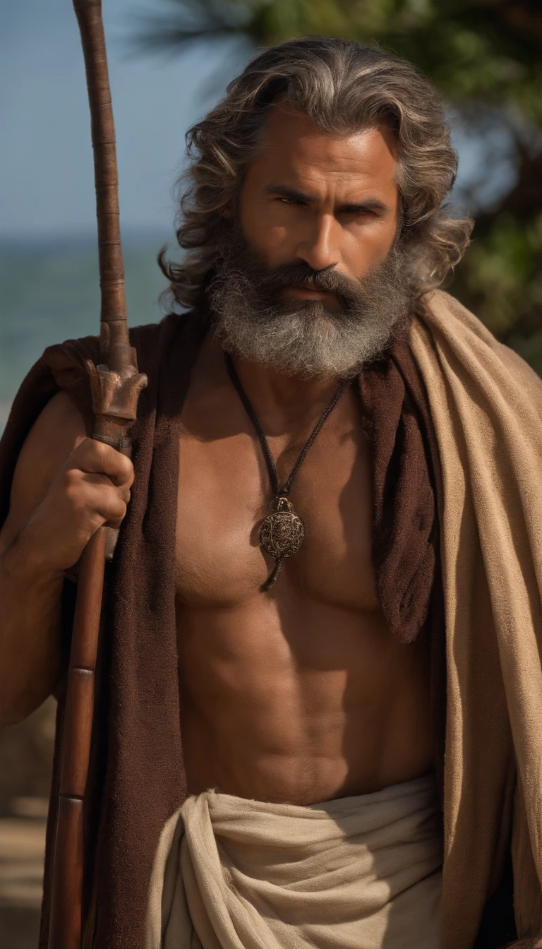 Um busto de um homem inteligente e imponente, Desde os 40 anos, fino, barba e cabelos grisalhos, The expression is serious,experiente. High definition. Inspiration for the Ancient Greeks. "Right in front of the camera