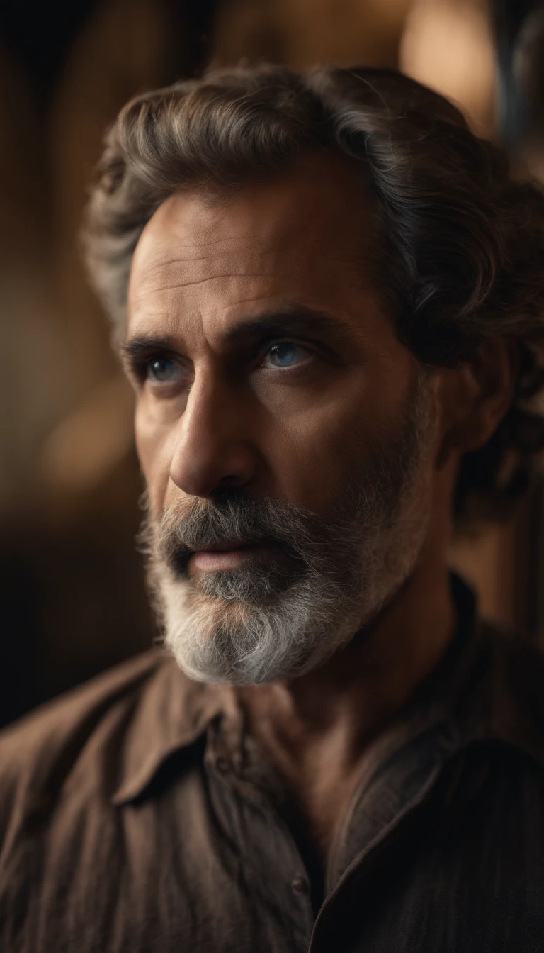 Um busto de um homem inteligente e imponente, Desde os 40 anos, fino, barba e cabelos grisalhos, The expression is serious,experiente. High definition. Inspiration for the Ancient Greeks. "Right in front of the camera