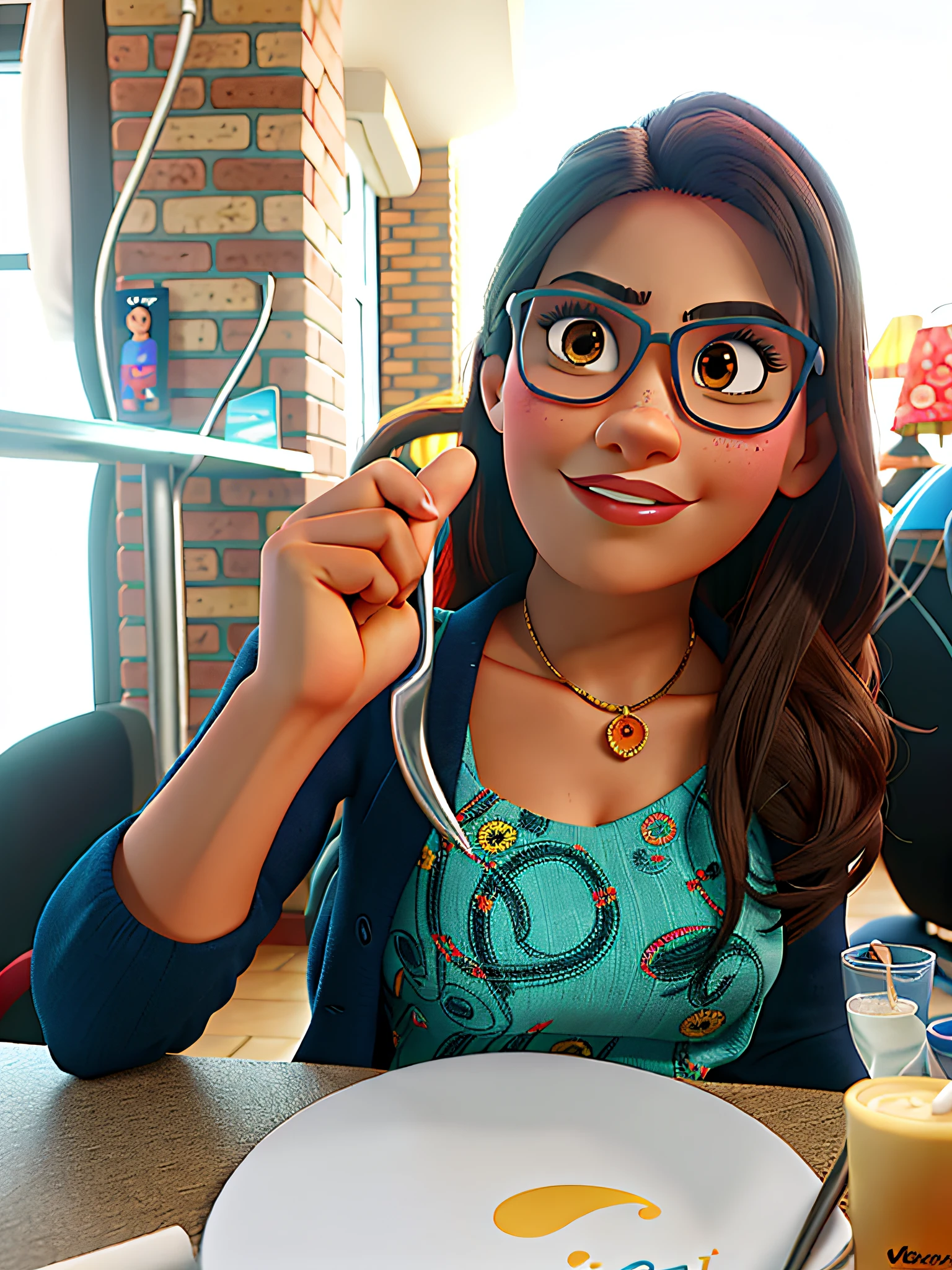 uma mulher morena de cabelos crespe encaracolados no estilo Disney pixar, alta qualidade, melhor qualidade