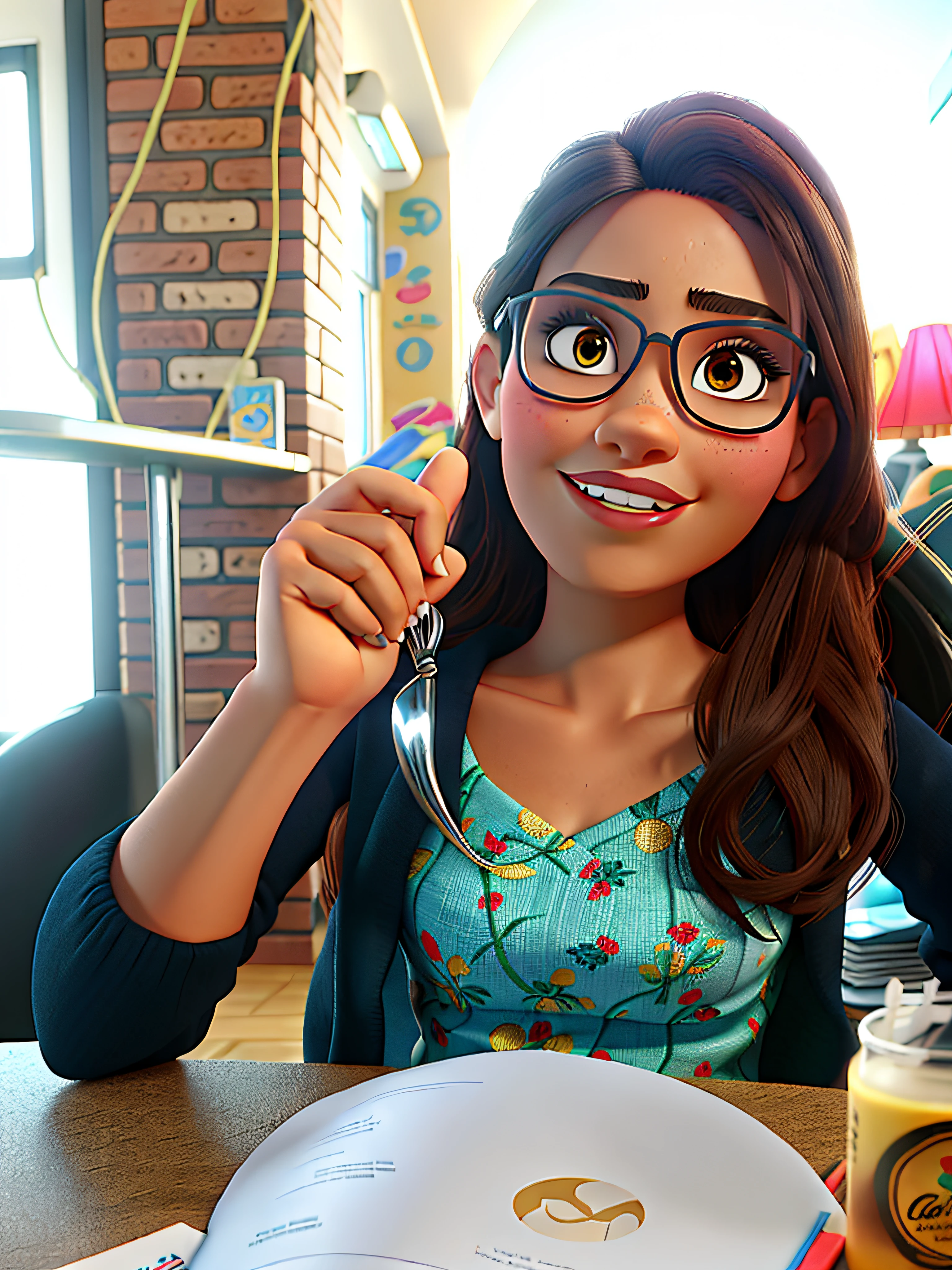 uma mulher morena de cabelos crespe encaracolados no estilo Disney pixar, alta qualidade, melhor qualidade