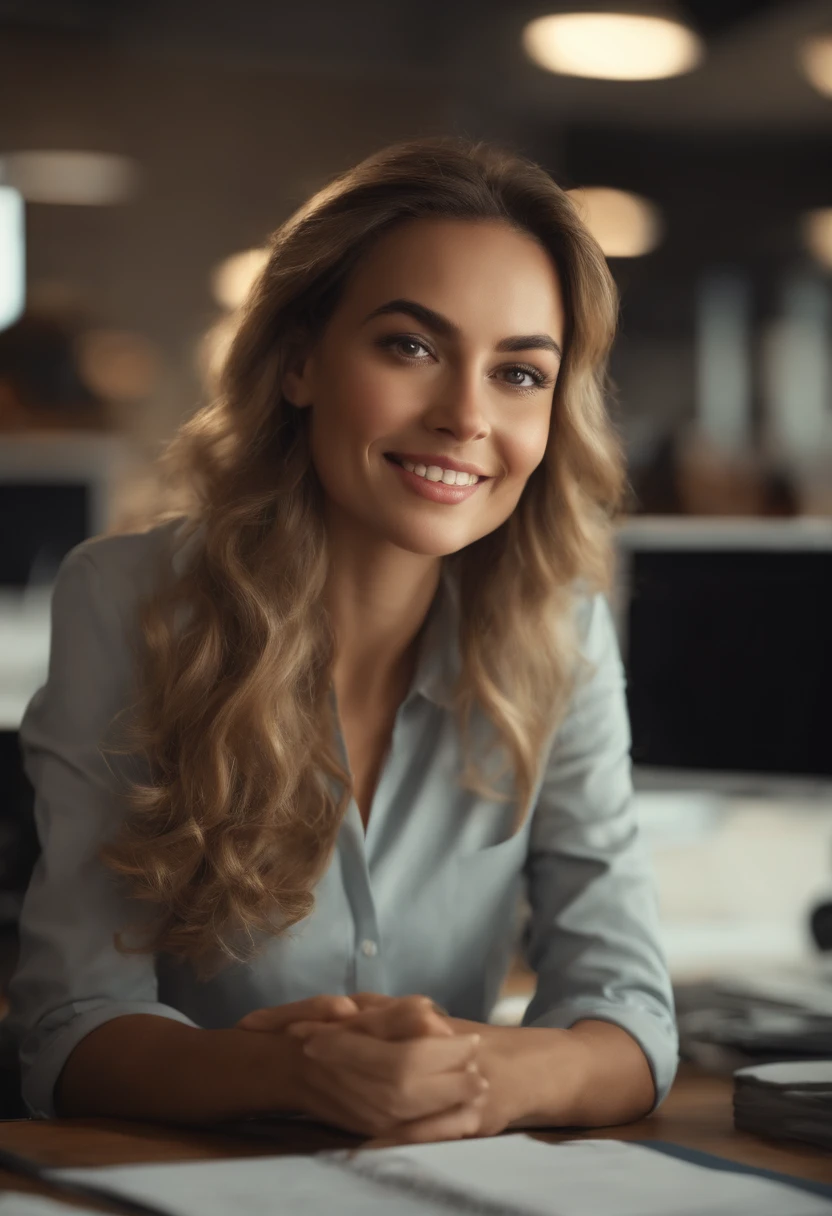 Pixarstyle a waist-high portrait of a young woman in an office shirt, sorriso, s office, textura natural da pele, texturas 4k, hdr, intrincado, altamente detalhado, foco nítido, cinematic visual, hiperdetalhado. Mulher de 30 anos, negra de cabelos lisos e longos