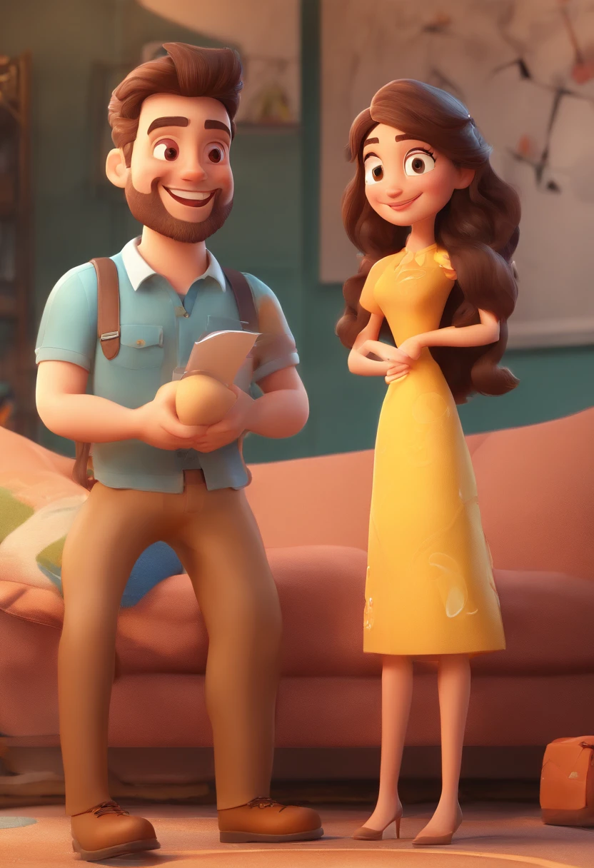 An illustration of an adorable couple, Highlight for a smiling chubby white man and a brunette woman with beautiful expressive eyes - the man's skin is white and the man's hair has, while the woman's skin is black and the woman's hair is straight and brown. They are a bright room, cada um com um sorriso no rosto, e compartilhar um momento especial caracterizado pelo amor, Insights. Illustrate this scene from a perspective where they are facing the camera, Smiling and Showing Your Connection. Desenvolva esta arte em Full HD, Focus on your cinematic touch, Estilo Disney Pixar Animations