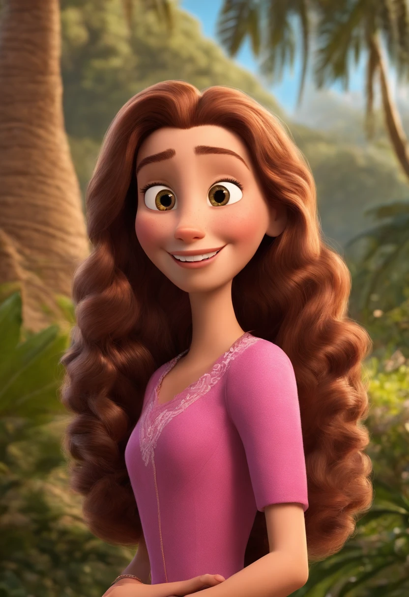 a Disney Pixar movie poster showing a white-skinned family. The father is the tallest, Tem barba curta, loiro, cabelos curtos e espinhosos. The mother has brown eyes and hair, compridos, She has a wide smile and is thin. A tem 14 anoelos castanhos, Pink clothes and hair just like her mother's.O menino tem 4 abelo castanho, medium and is slim The background is a world tourist spot. 3D-rendering