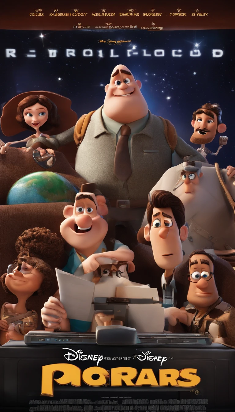 a poster of the Disney-style 3D film from Pixar with the text "RogerCortess" is a 40-year-old man, with a medium beard, more white than black, very little hair, a few strands of hair on his forehead, somewhat strong, biker style sitting at a computer ,futuristic style, programming codes.
