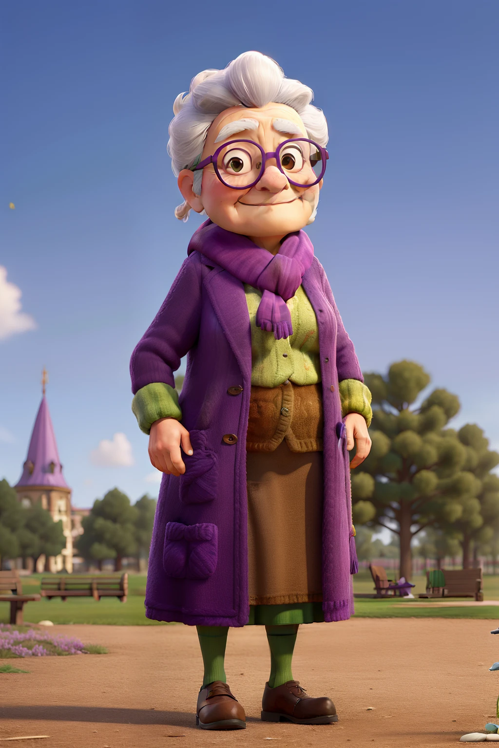 masterpiece, best quality, an old woman with glasses and a scarf on, wearing a purple coat and green scarf, standing at the park