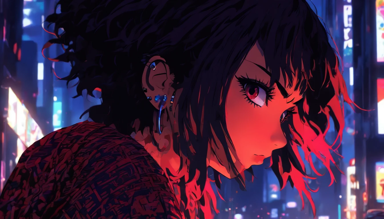 ultra detailed illustration a beautiful,Kentaro Miura's portait illustration,beauty mature female , sad girl-bad-girl, short braids black hair whit so much style, neck tattoo, ear piercing, urban style,oversized clothes, sad, perfect look, at night, streetwear, vector red, black, alone dark tones, strong shadows, beautiful, masterpiece, conveys sadness, black background in city