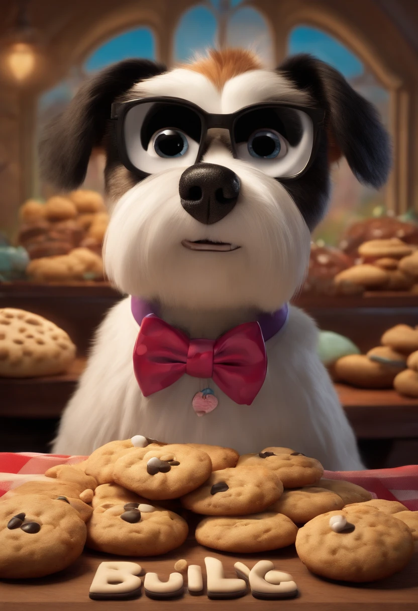 A 3d Pixar Disney style and inspired movie poster with title text "BILLY DOG" with a white shitzu dog, black ears, furry, bulging eyes, poor face, wearing a bow tie, looking at a large cookie
